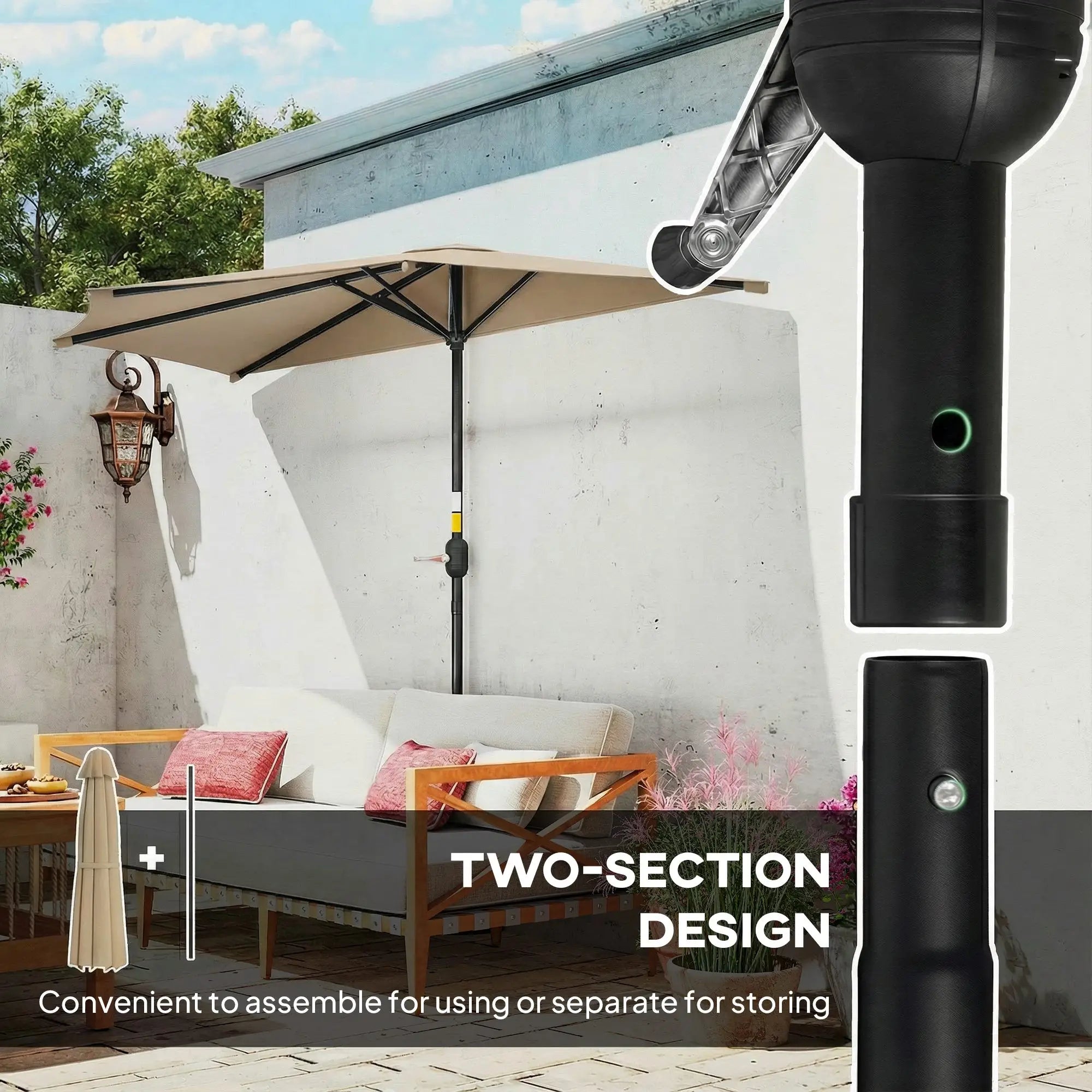 9.8ft Half Umbrella, Semi Round Patio Parasol, Crank Handle, Top Vent, Coffee Half Round Umbrellas at Gallery Canada