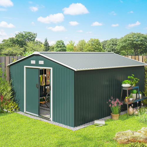 11' x 13' Garden Storage Shed, Double Sliding Door, 4 Ventilation Slots, Green