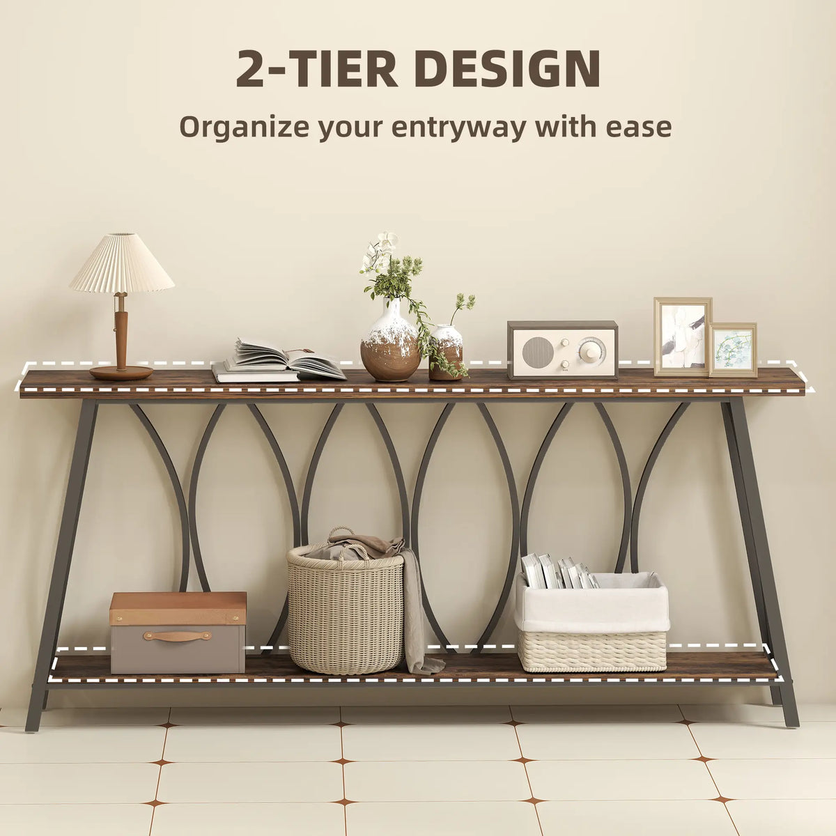 71" Console Table, Industrial 2-Tier Narrow Entryway Table, Rustic Brown, Brown Console Tables at Gallery Canada