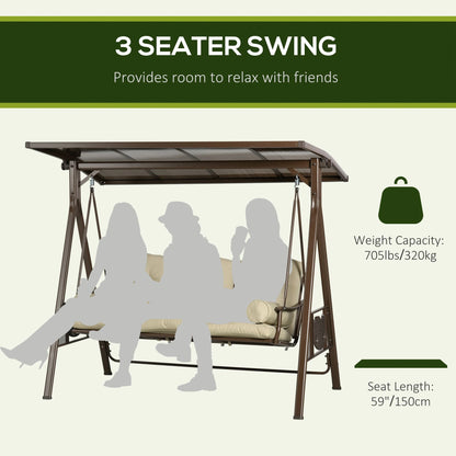 3-Seat Patio Swing Chair, Outdoor Canopy Glider with Cushion, Khaki Porch Swings with Canopy at Gallery Canada