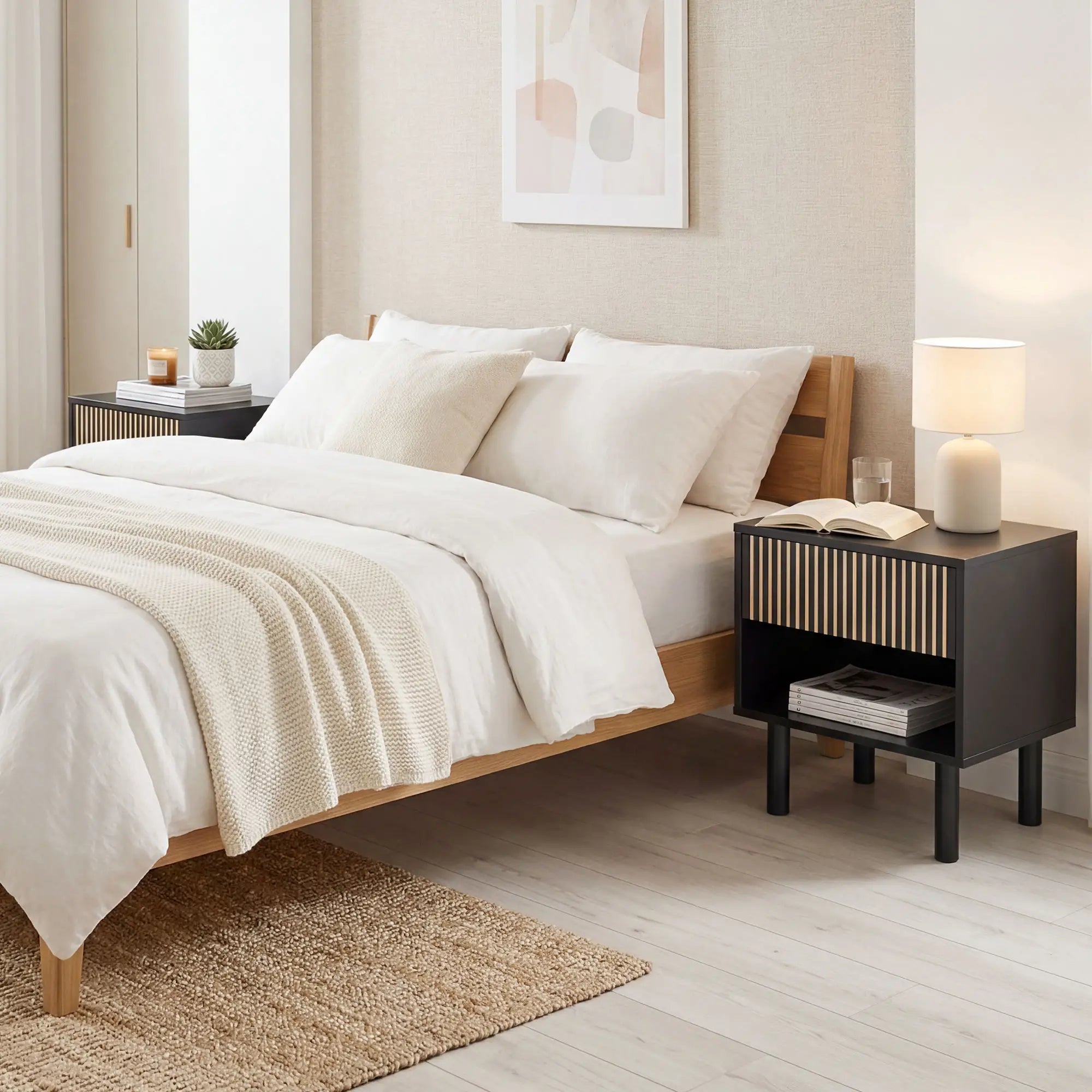 Modern Bedside Table with Drawer and Open Shelf, Sofa Side Table for Bedroom Living Room, Set of 2, Black Bedside Tables at Gallery Canada