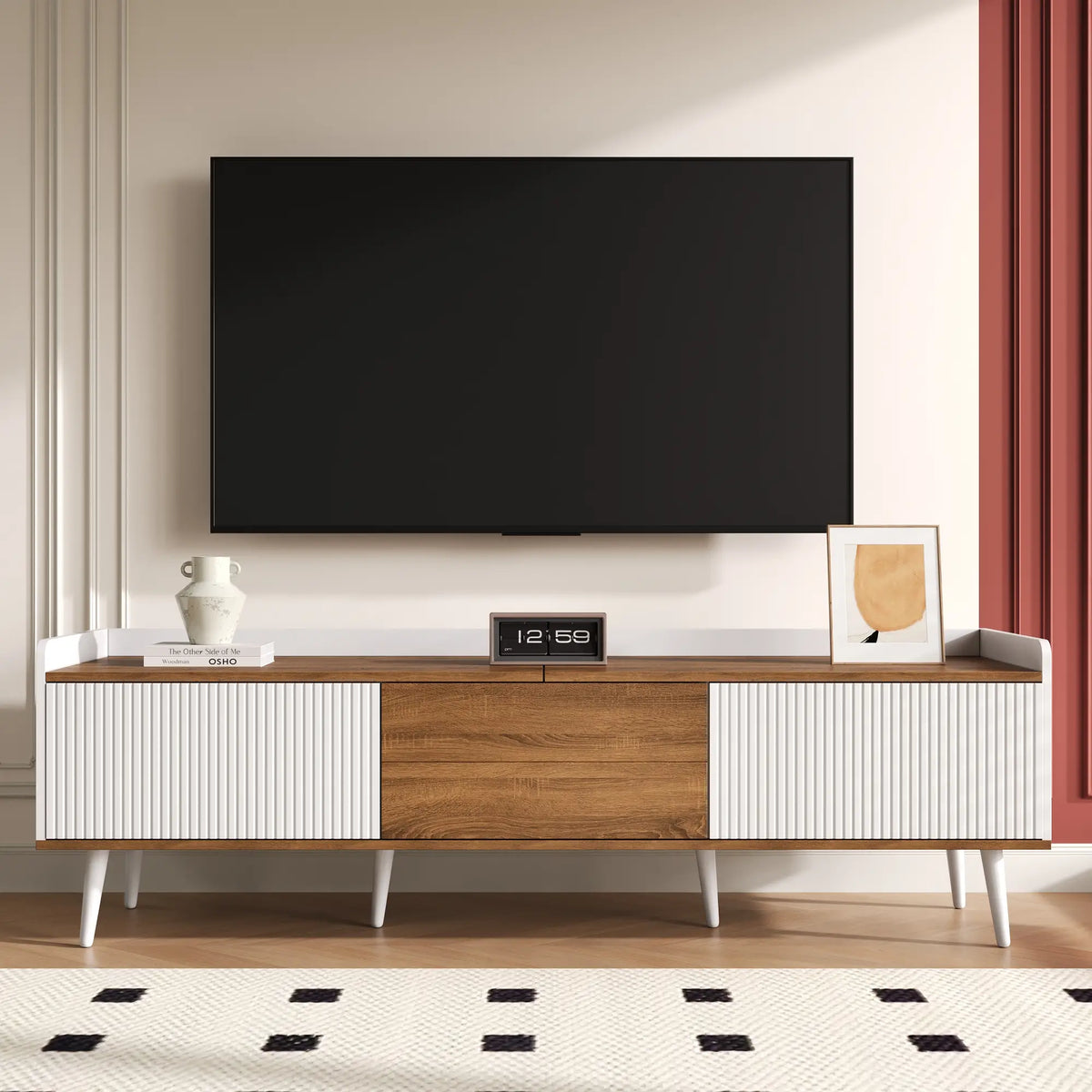 Three Door Stand, Sturdy Wooden Legs, 63" L x 15.5" W x 19.5" H, Natural, White TV Stands at Gallery Canada
