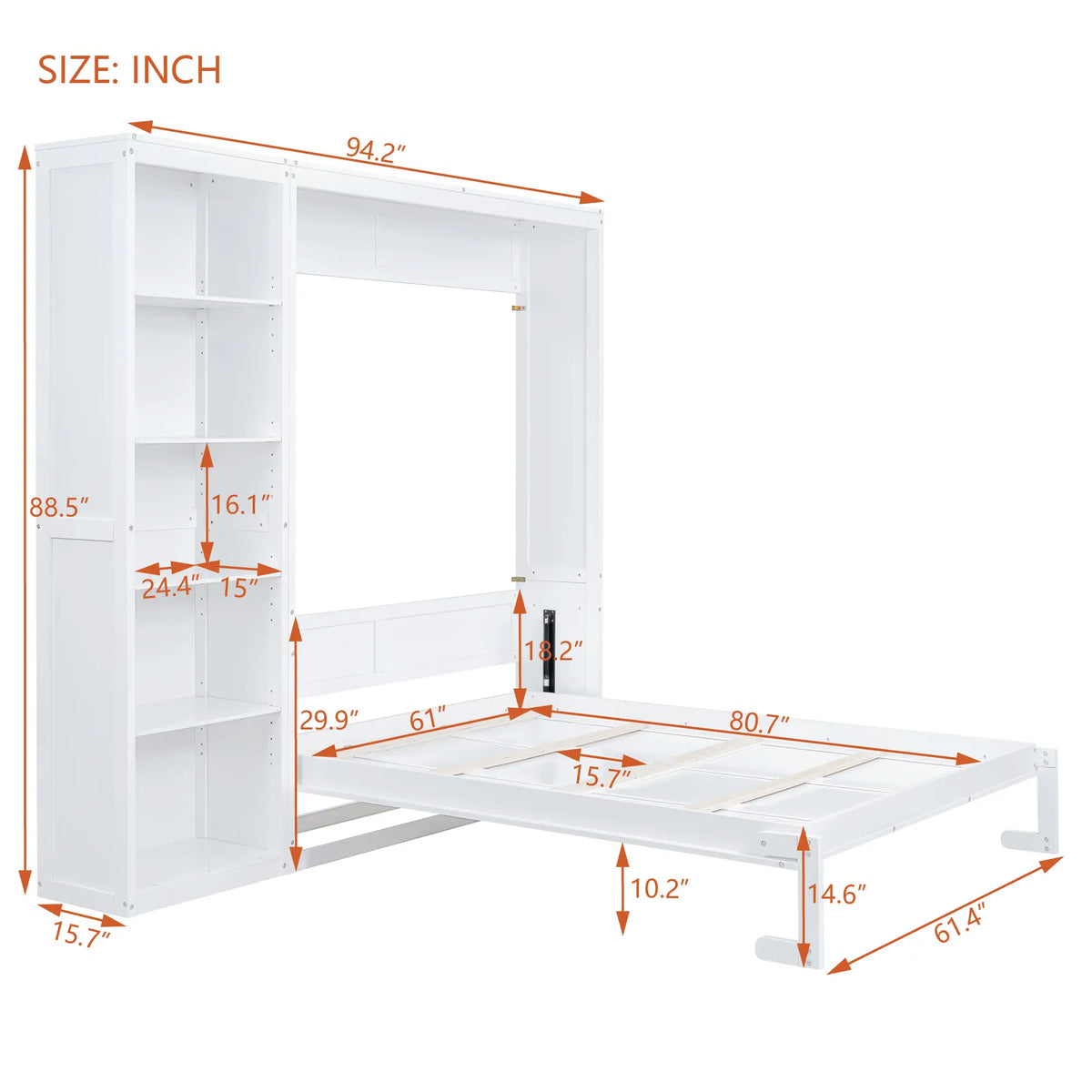 Murphy Bed with Shelves, Dual Piston Mechanism, 94" L x 16" W x 88.5" H, White Bed Frames at Gallery Canada