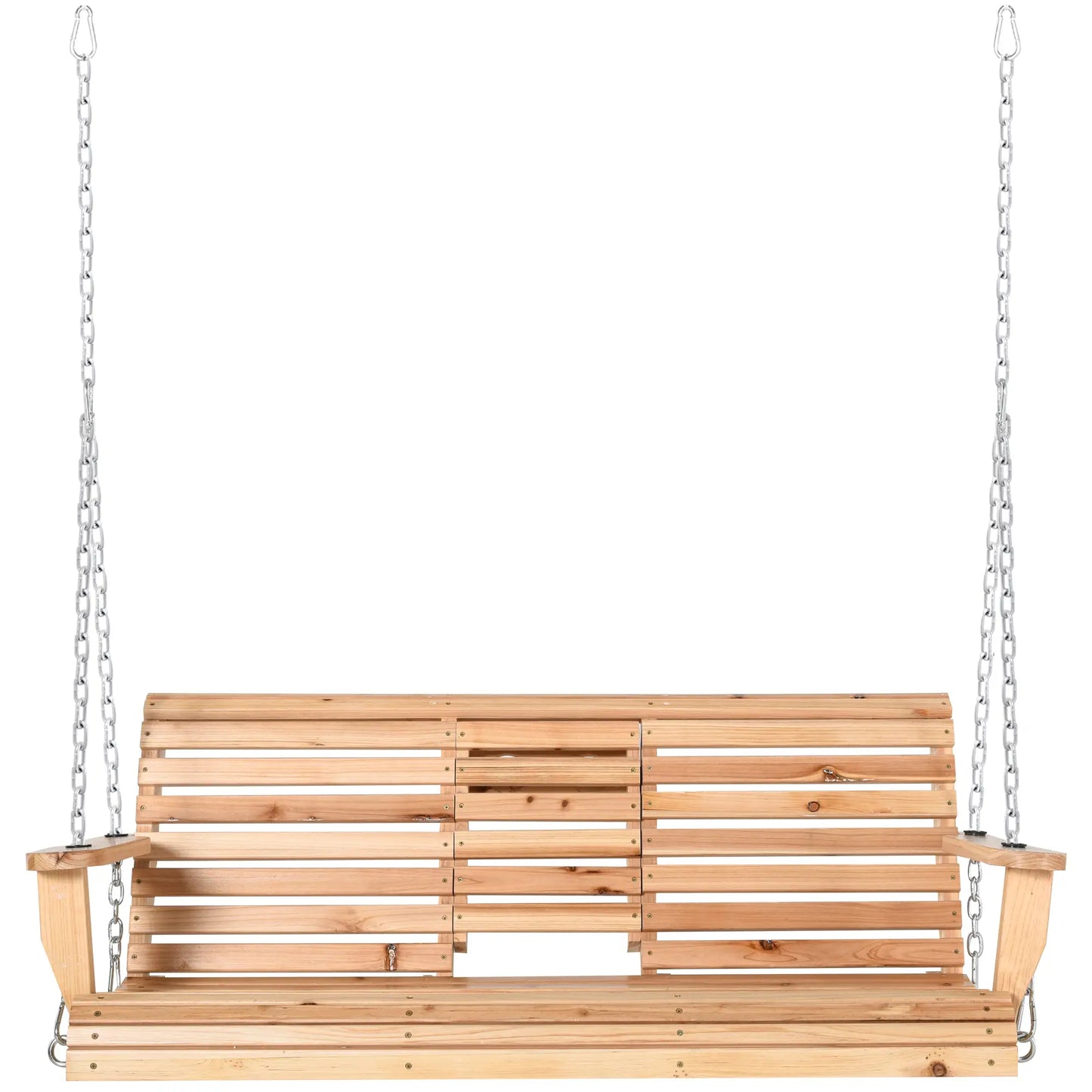 3 Seater Wood Patio Swing, Foldable Table, Cup Holders, Steel Chains, Natural Hanging Porch Swings Natural at Gallery Canada