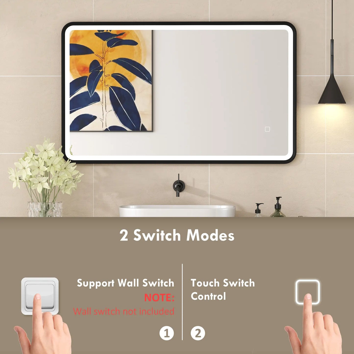 40" x 24" Bath Mirror, LED Lights, Wall Mounted, 3 Colors, Dimmable, Black Bath Accessories at Gallery Canada