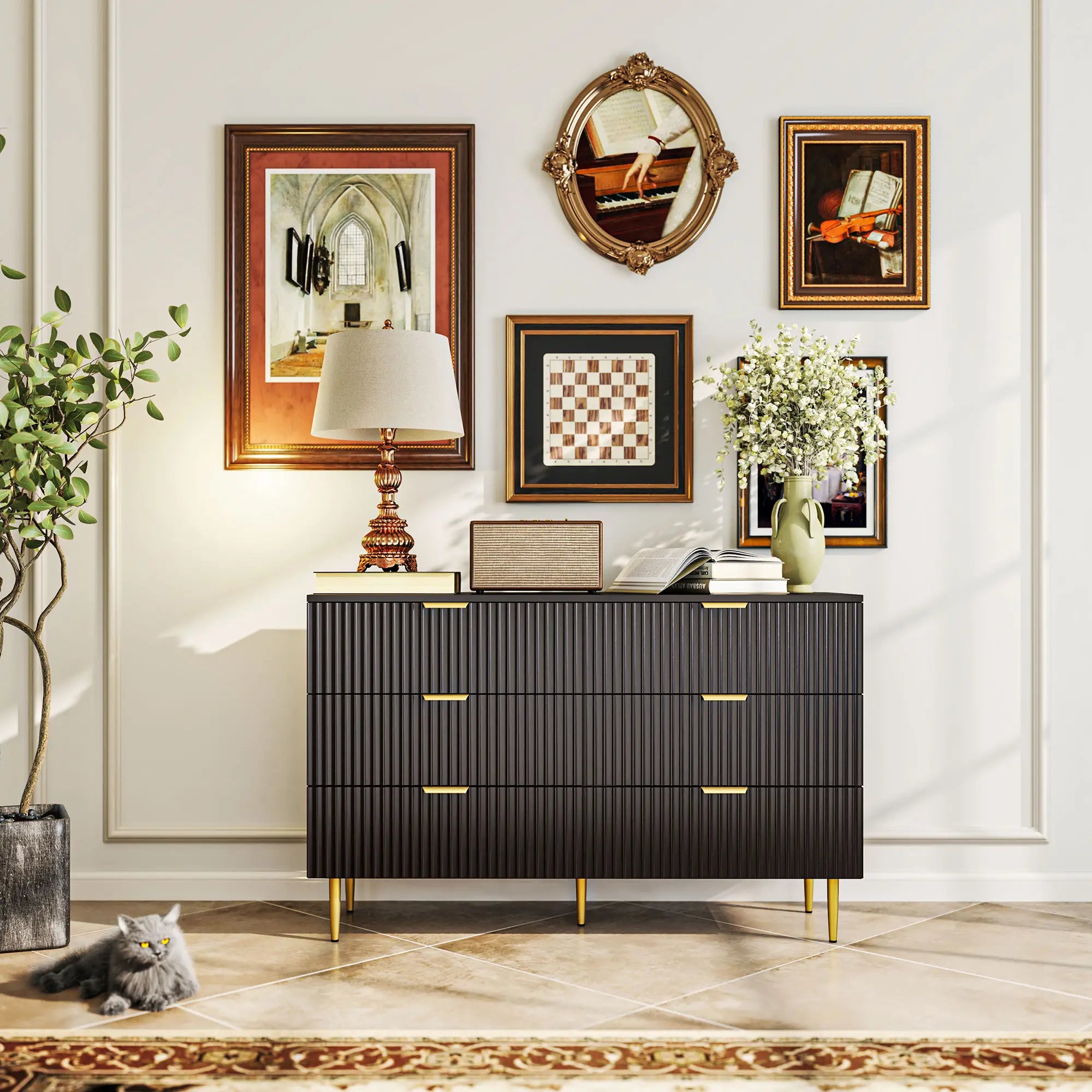 Modern 6 Drawer Dresser, with Gold Legs, Bedroom Chest, Black Storage Cabinets at Gallery Canada