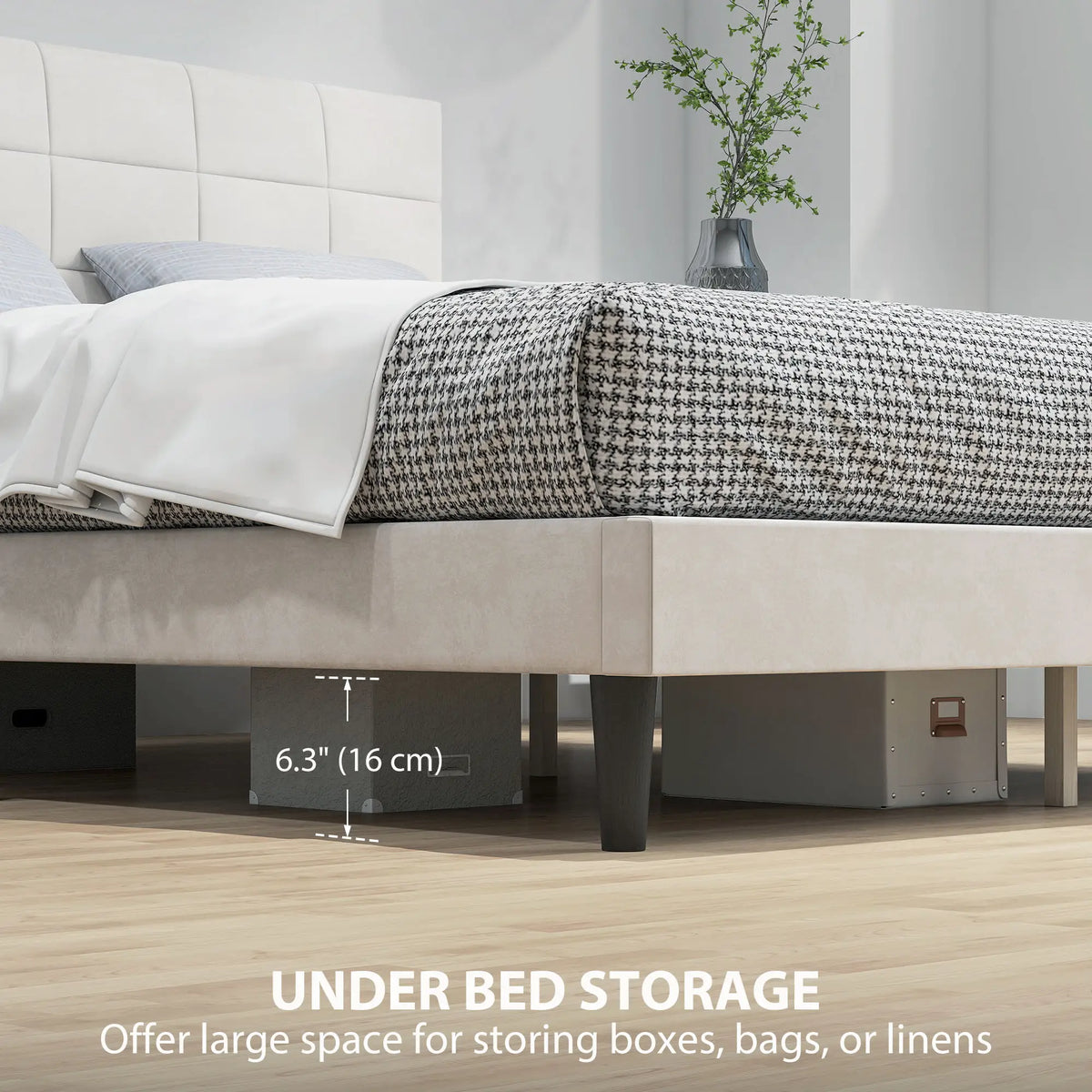 Queen Size Bed Frame, Upholstered Headboard, Wood Slats, 1100 lbs, Cream Bed Frames at Gallery Canada
