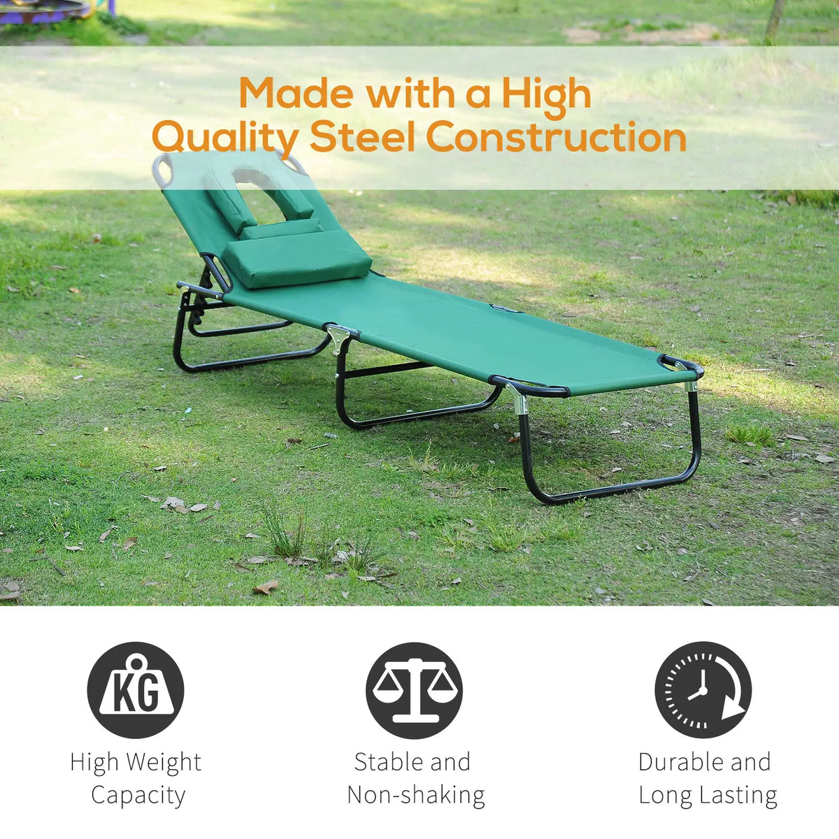 Folding Outdoor Lounge Chair, Portable Reclining Beach Lounger, Detachable Pillow, 3-Position Adjustable, Green