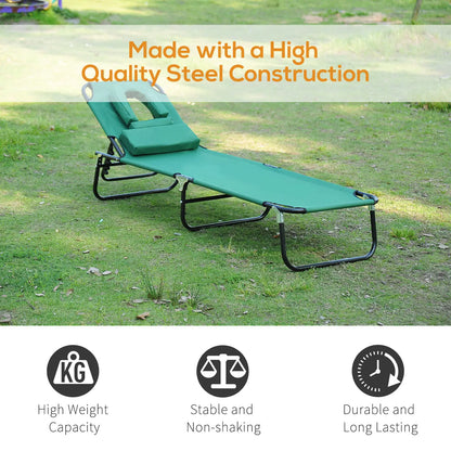 Folding Outdoor Lounge Chair, Portable Reclining Beach Lounger, Detachable Pillow, 3-Position Adjustable, Green