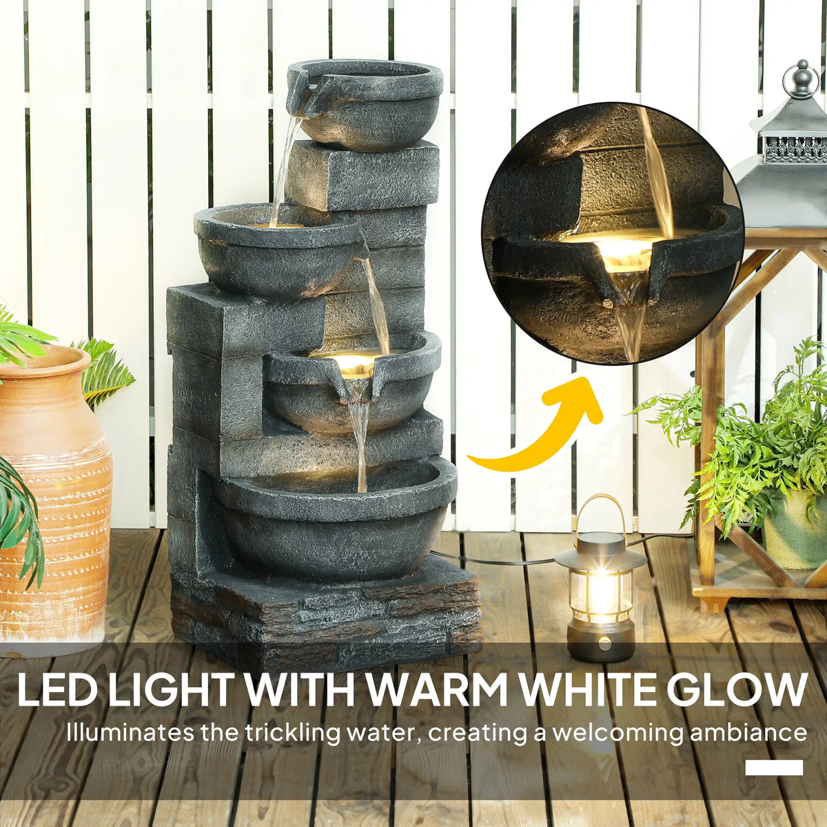 30" Tall Outdoor Water Fountain, LED Lights, 4-Tier Resin Bowls, Grey Water Fountains at Gallery Canada