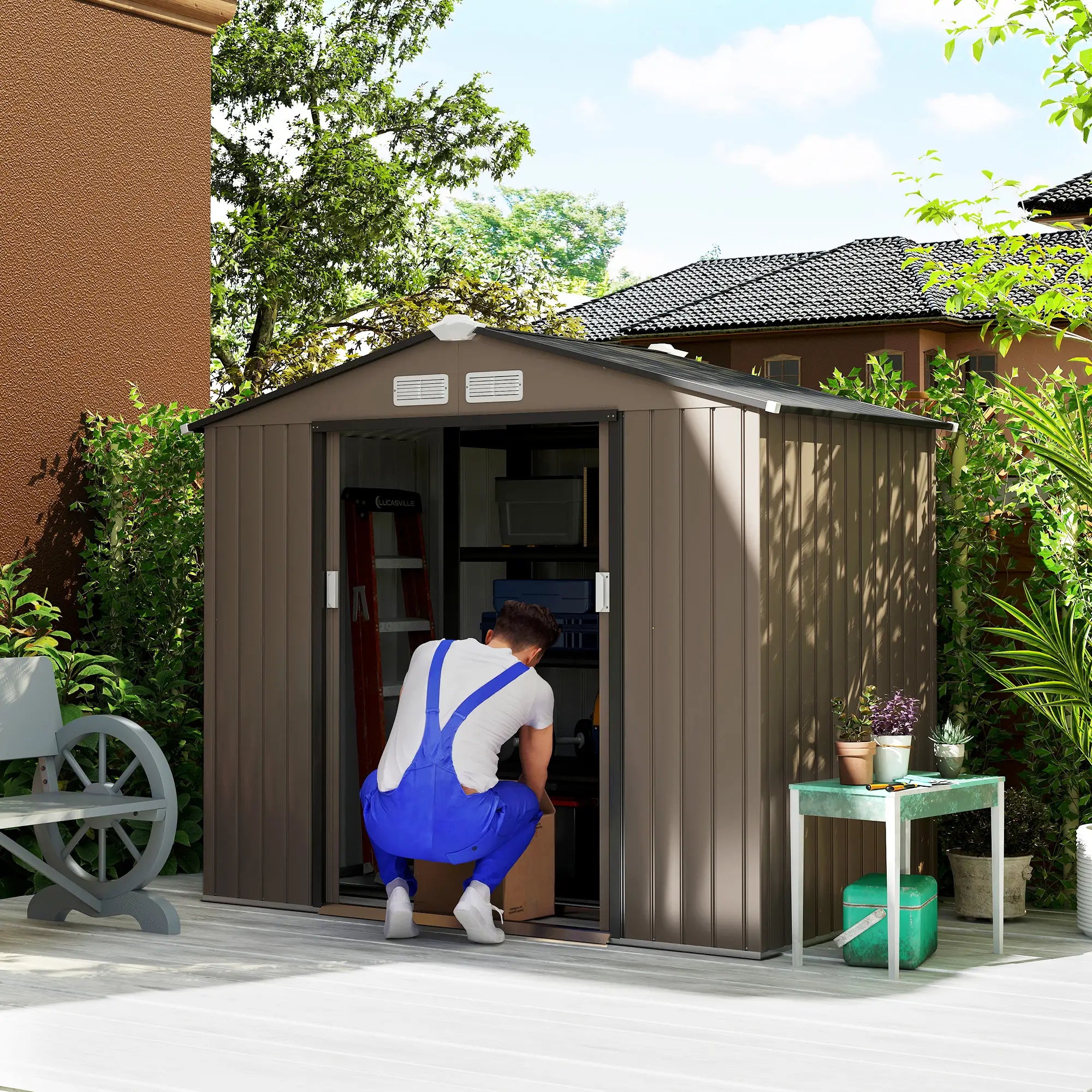 7' x 4' x 6' Garden Storage Shed, Metal, Double Doors, Brown Sheds at Gallery Canada