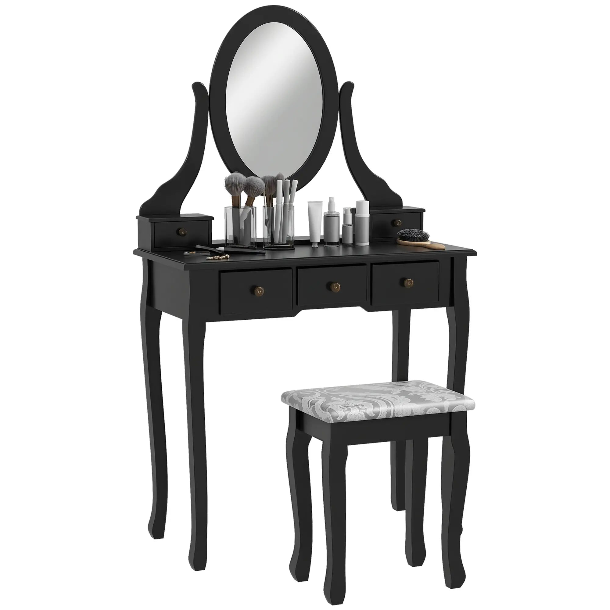 Wooden Vanity Table, 360° Rotating Oval Mirror, 5 Drawers, Padded Stool, Black Dressing & Vanity Tables Black at Gallery Canada