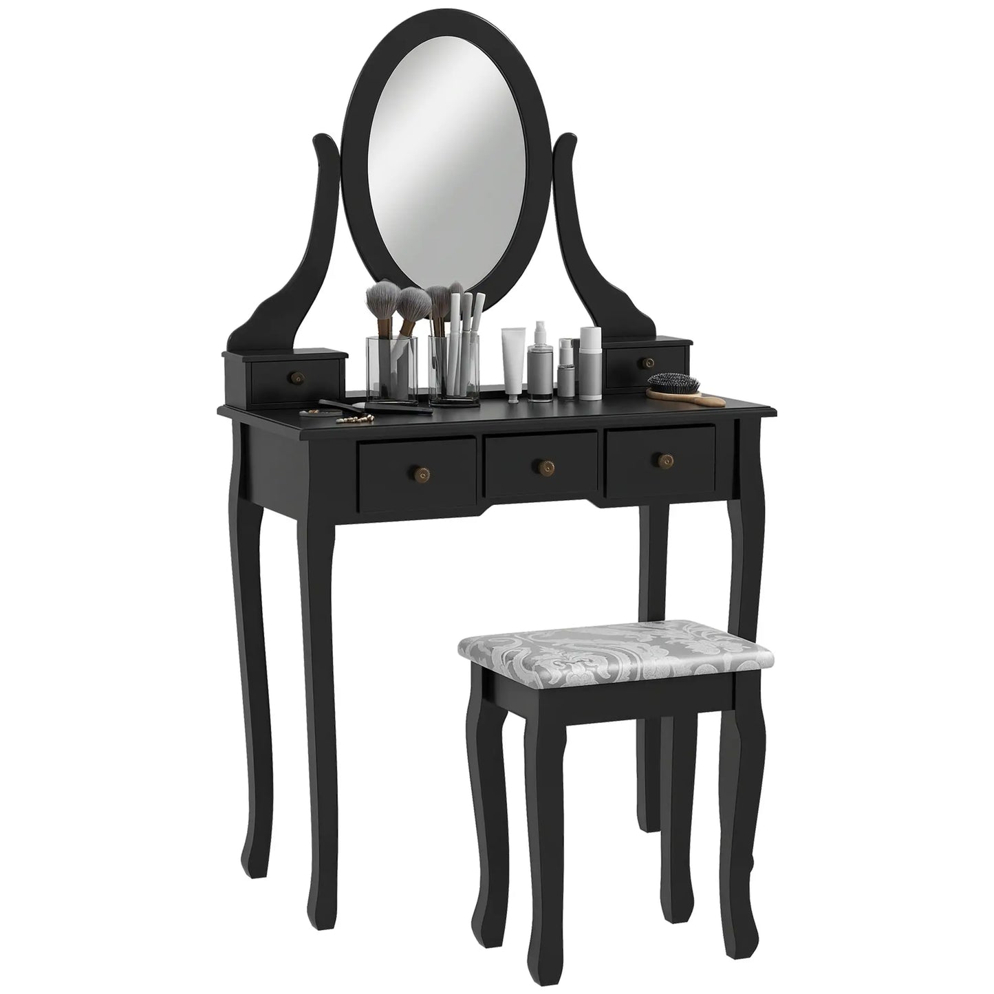 Wooden Vanity Table, 360° Rotating Oval Mirror, 5 Drawers, Padded Stool, Black Dressing & Vanity Tables Black at Gallery Canada