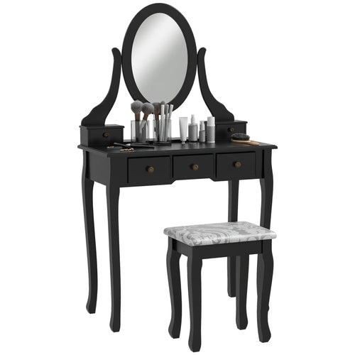 Wooden Vanity Table, 360° Rotating Oval Mirror, 5 Drawers, Padded Stool, Black