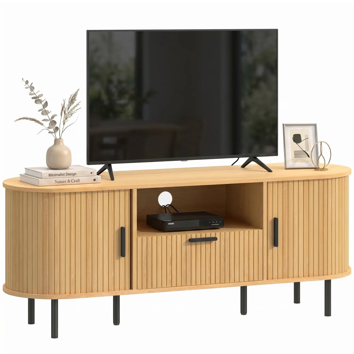 TV Stand for TVs up to 60", Modern Entertainment Center with Curved Sliding Doors and Storage, Natural Wood TV Stands at Gallery Canada