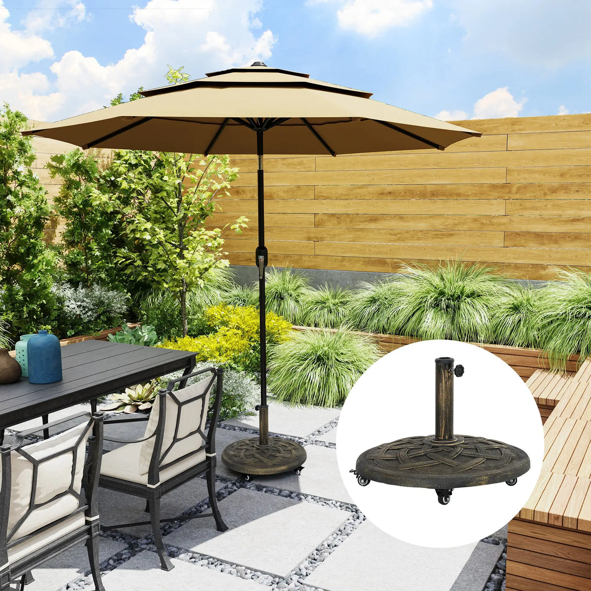 Round Patio Umbrella Base With Wheels, 44 Lbs Resin Stand, 1.3"/1.5"/1.9" Poles, Bronze Umbrella Bases at Gallery Canada