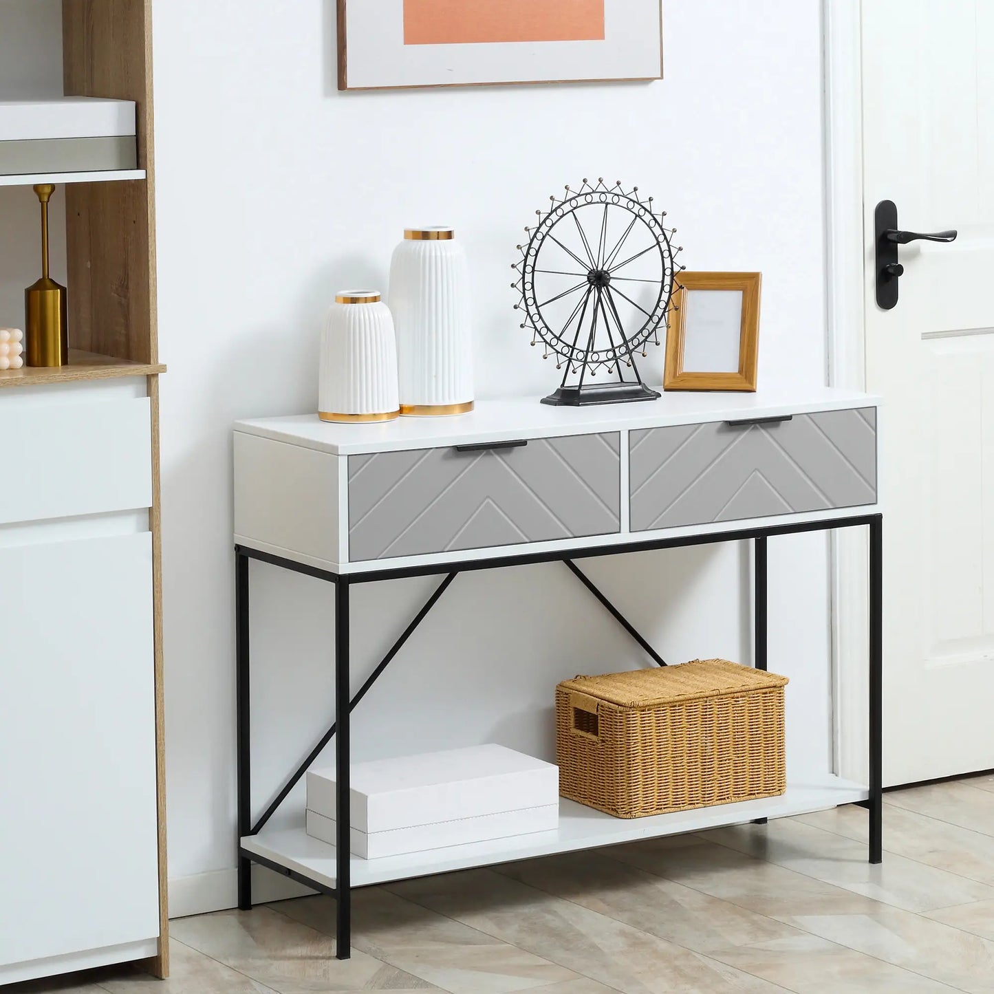 Modern Console Table with 2 Drawers, 2 Tier Entryway Table with Shelf, White Console Tables at Gallery Canada