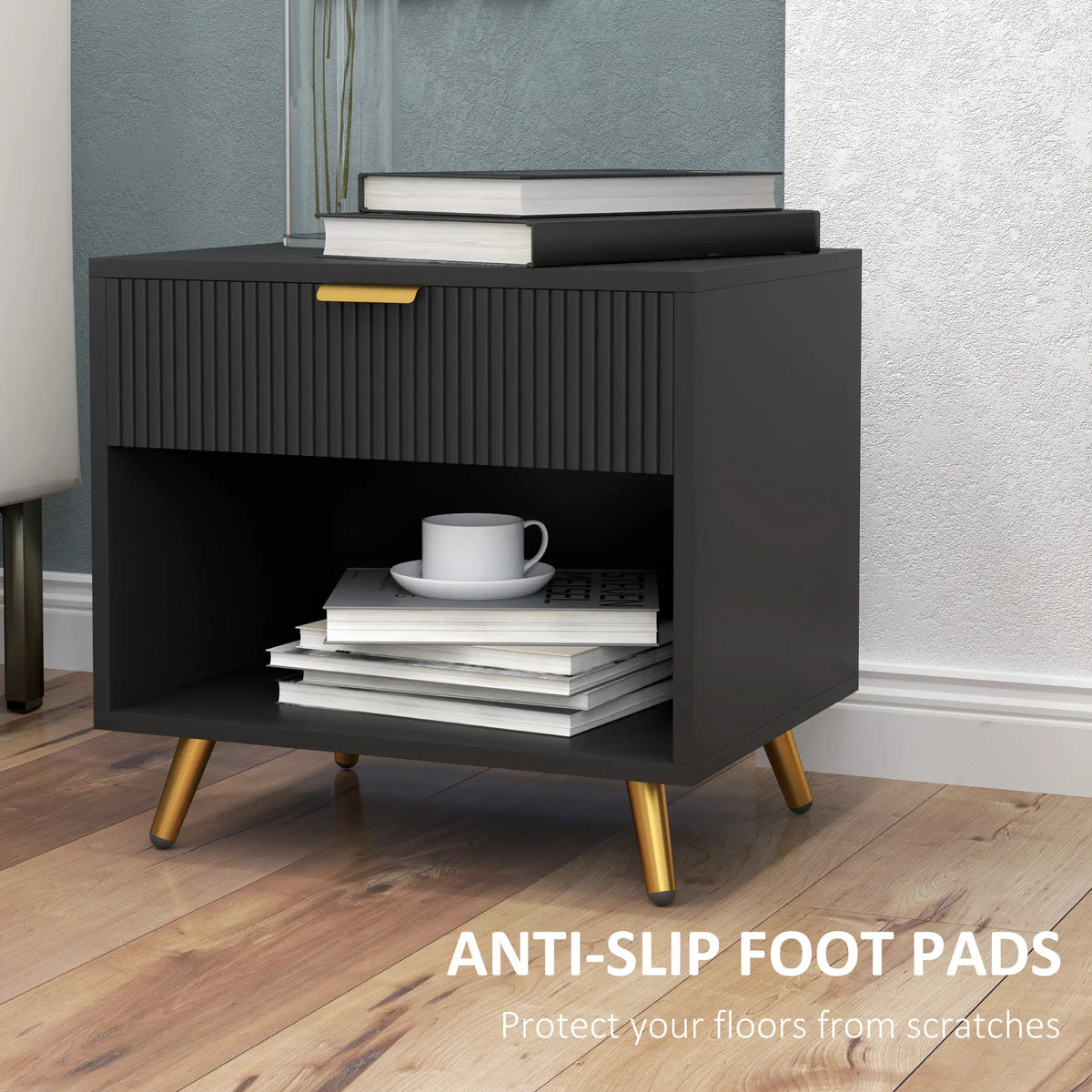 Modern Nightstand with Drawer, Open Compartment, Black Bedside Tables at Gallery Canada