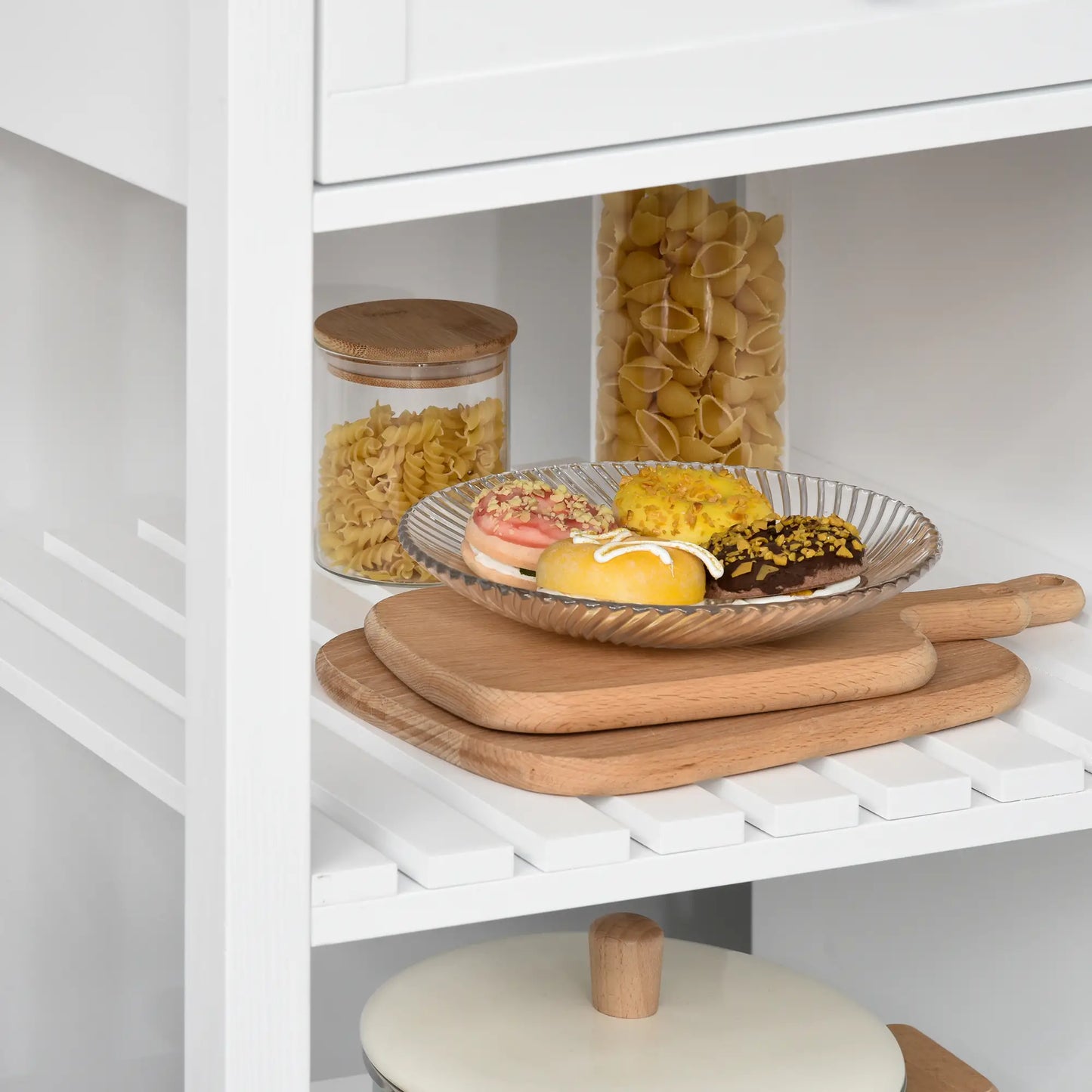 Kitchen Cart on Wheels, Utility Storage Island, Rubber Wood Top, White Kitchen Islands & Kitchen Carts at Gallery Canada