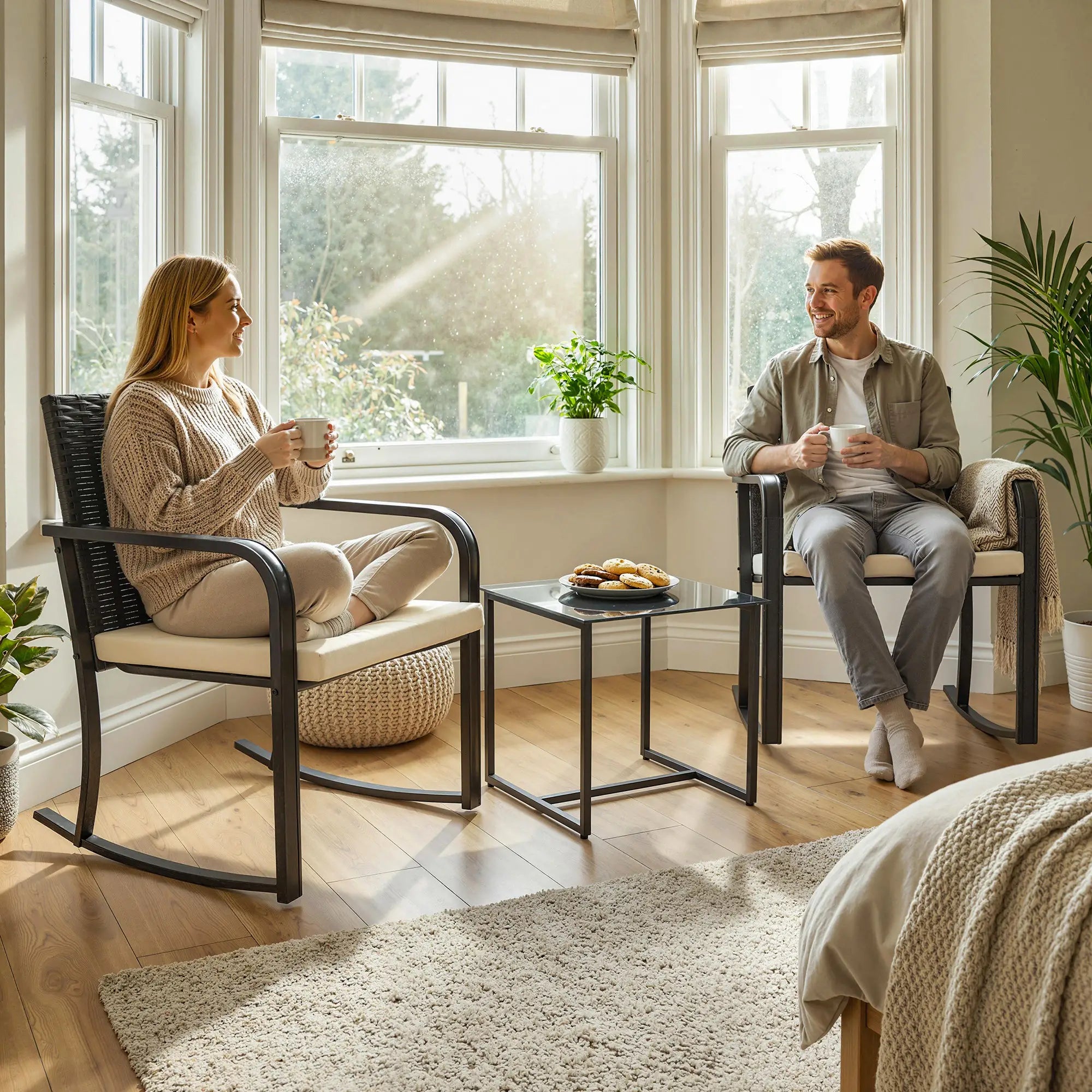 3 Piece Rocking Bistro Set, Glass Coffee Table, Cream White Bistro Sets at Gallery Canada