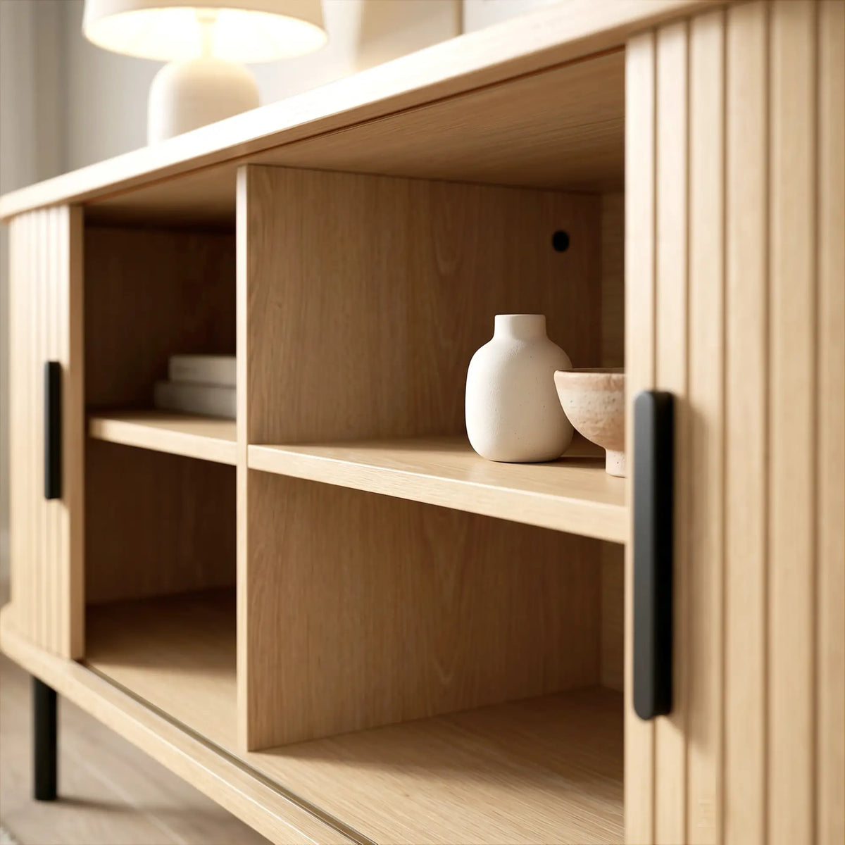 TV Stand for TVs up to 60", Modern Entertainment Center with Curved Sliding Doors, Natural Wood TV Stands at Gallery Canada