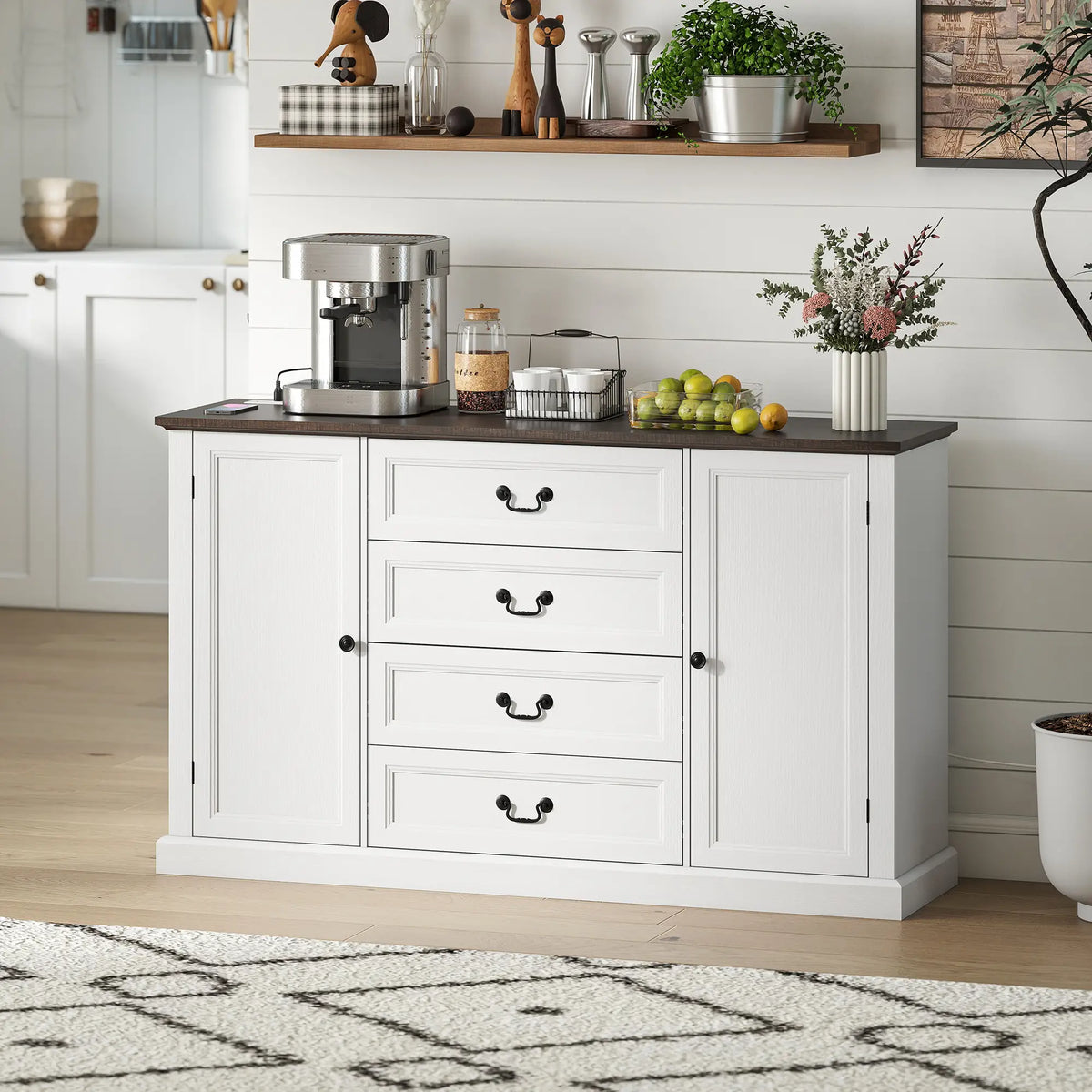 Farmhouse Sideboard with Charging Station, 58" Buffet Cabinet, White Storage Cabinets at Gallery Canada