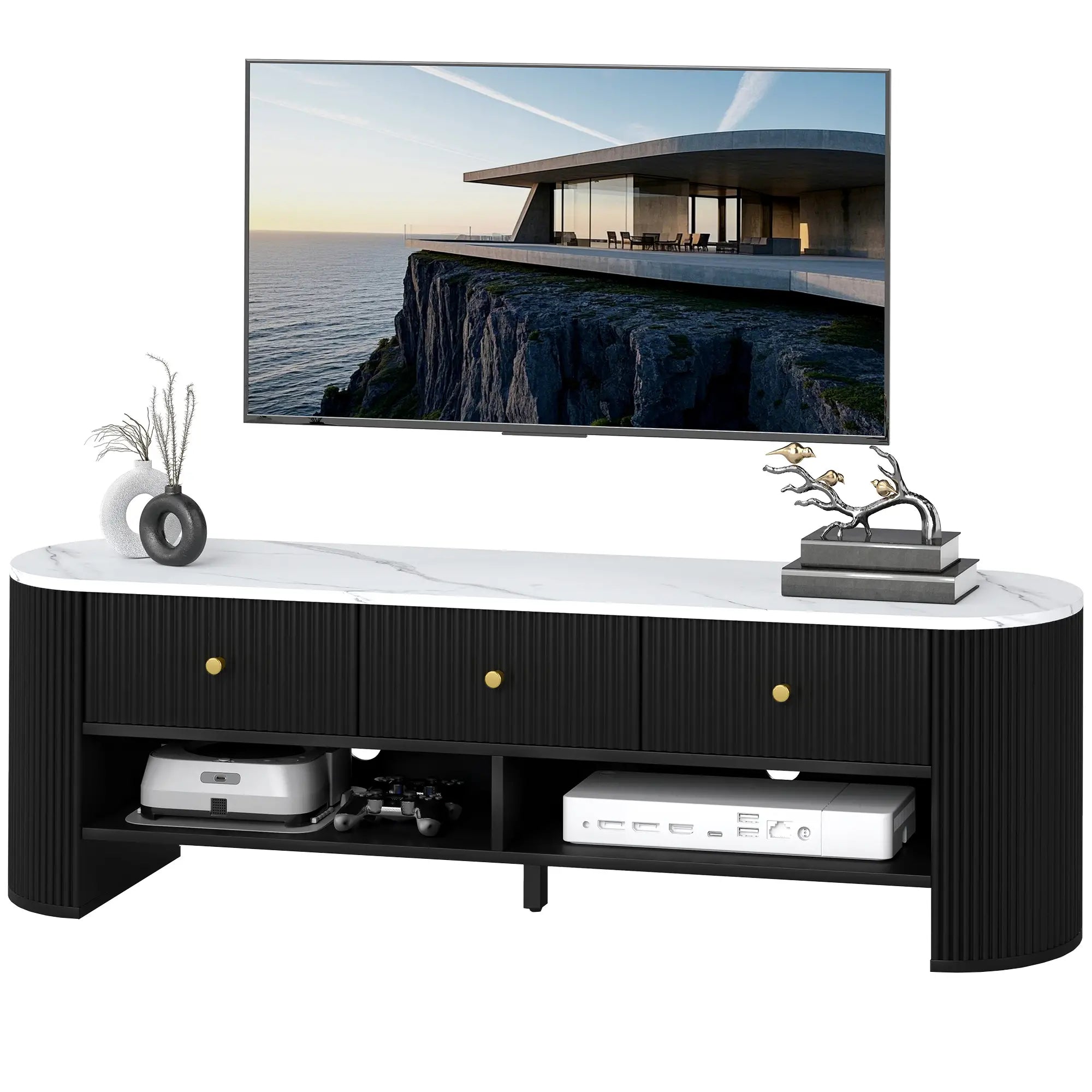Modern TV Stand, Marble-Effect Top, 3 Drawers, 2 Shelves, 32-65 Inch, Black TV Stands Black, White at Gallery Canada