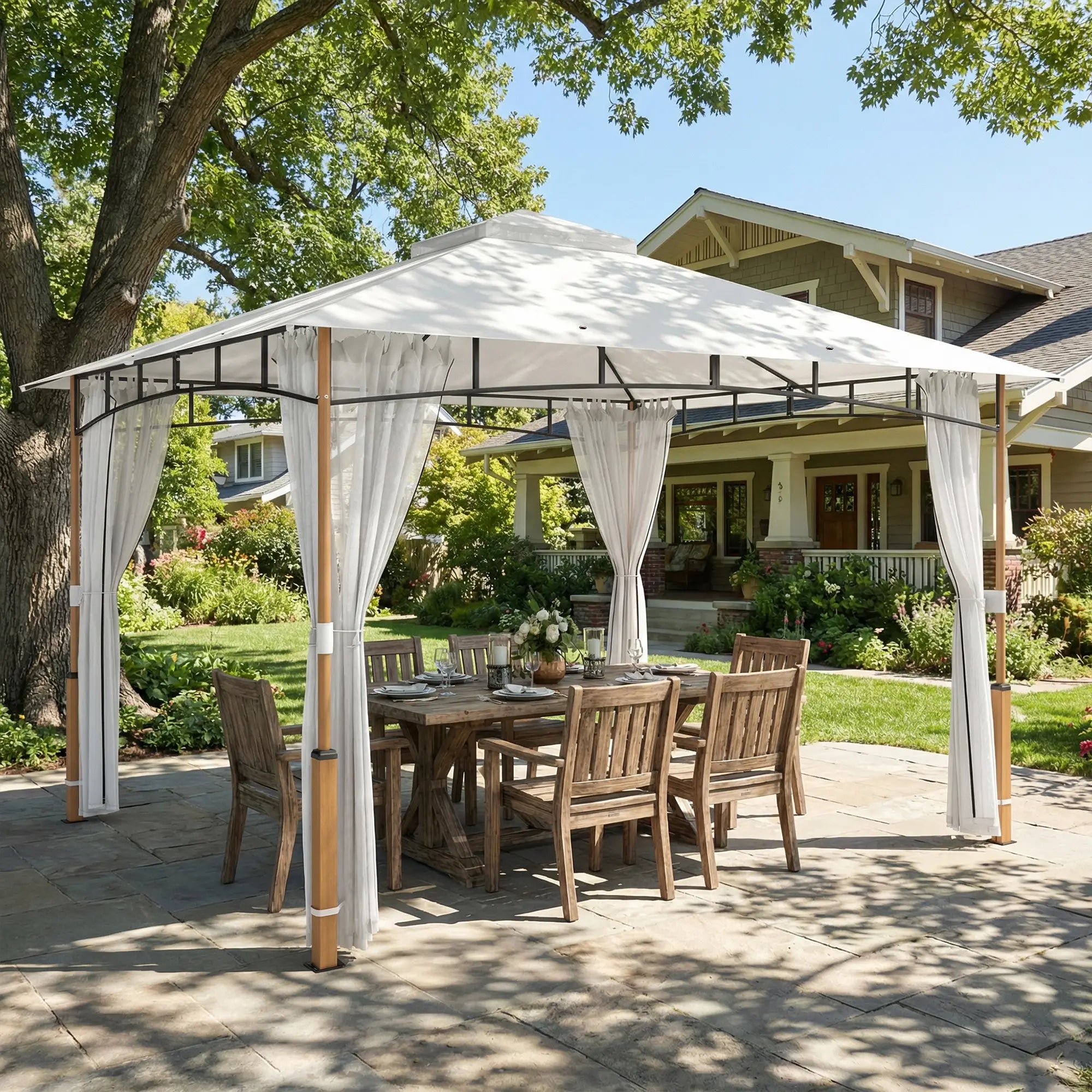 10' x 12' Cream White Patio Gazebo, UPF50+ Double Roof With Netting, Cream White Gazebos at Gallery Canada