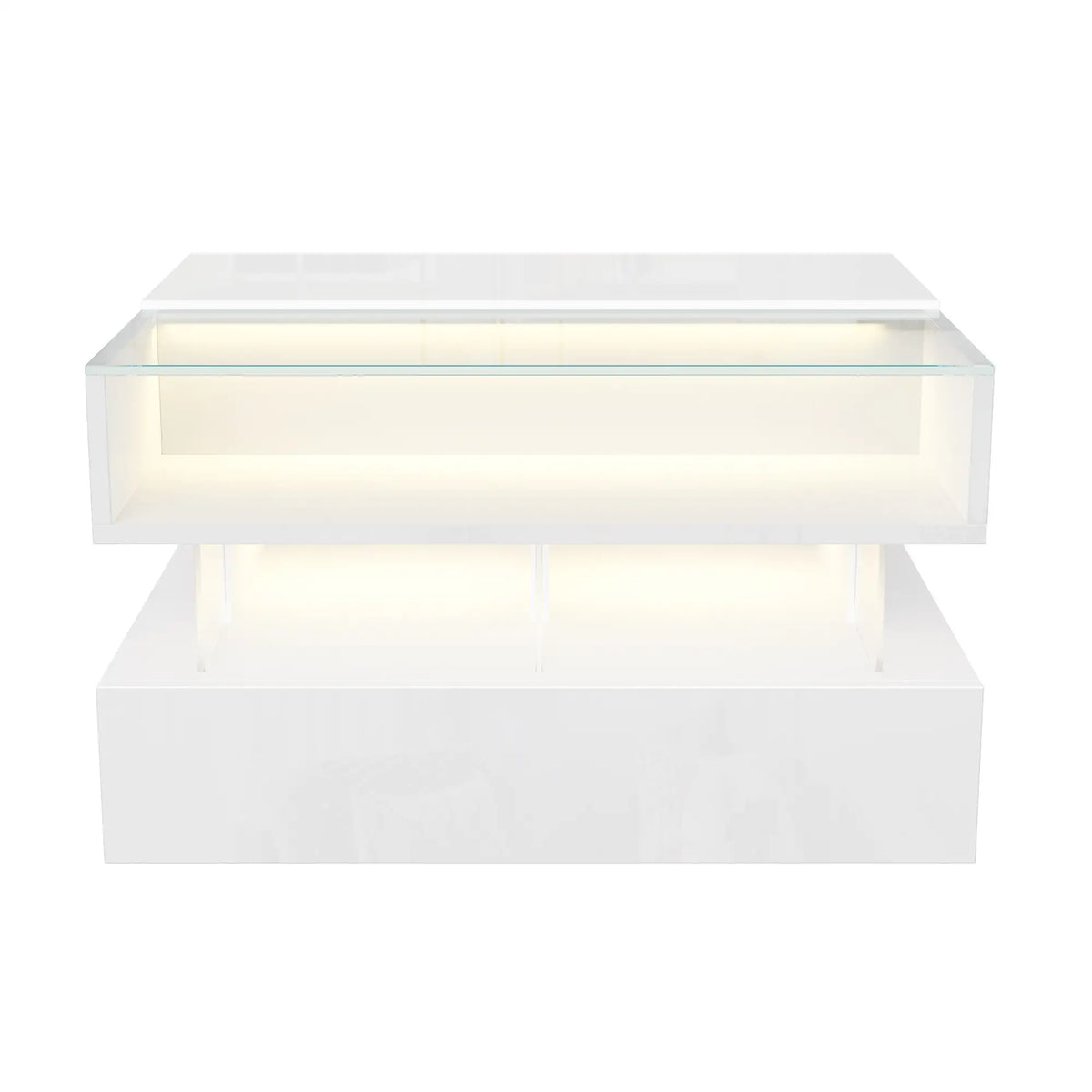 Glass Top LED Coffee Table, Storage Drawer, Adjustable Height, 26" L x 21.5" W x 21.5" H, White Coffee Tables White at Gallery Canada