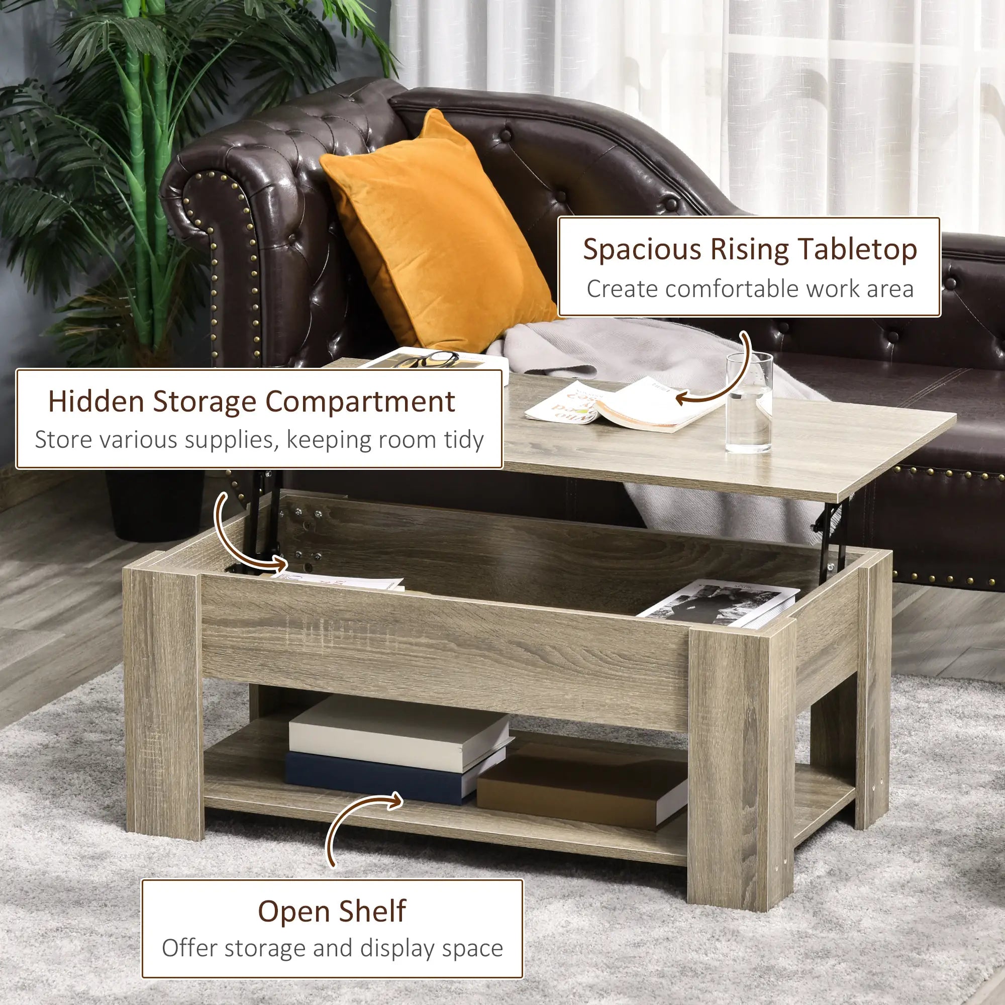 Lift Top Coffee Table, Hidden Storage, Open Shelf, Living Room, Grey Coffee Tables at Gallery Canada