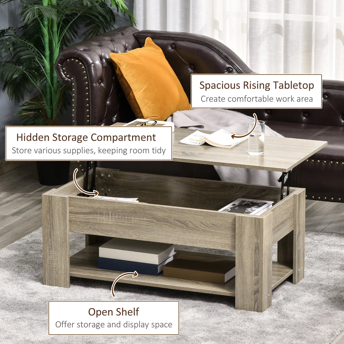 Lift Top Coffee Table, Hidden Storage, Open Shelf, Living Room, Grey Coffee Tables at Gallery Canada