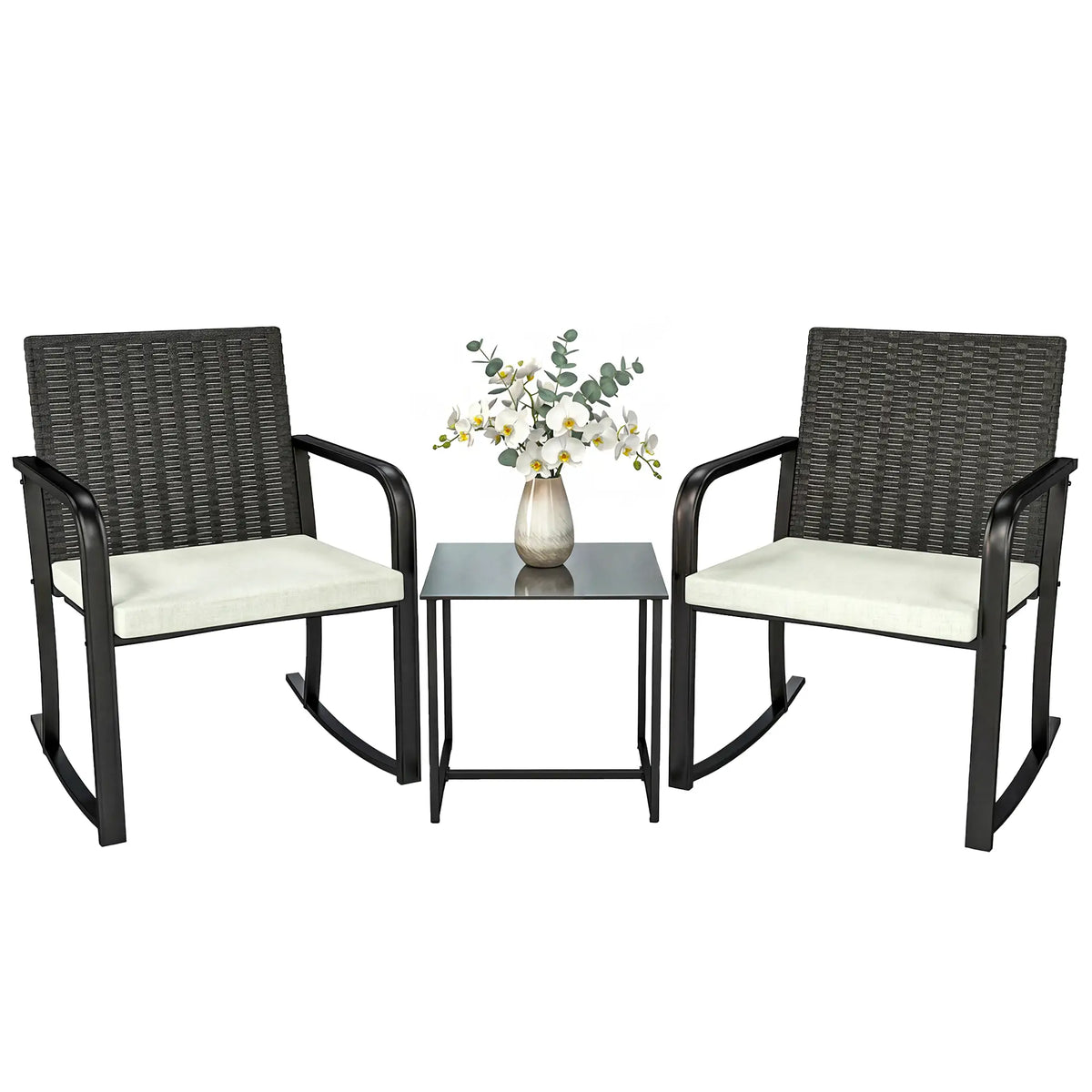 3 Piece Rocking Bistro Set, Glass Coffee Table, Cream White Bistro Sets at Gallery Canada