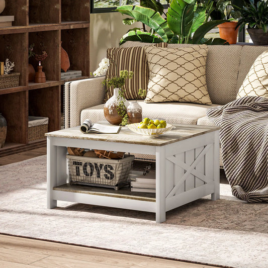 31.5" Square Coffee Table, Farmhouse 2-Tier, Distressed Oak Brown, Brown Coffee Tables Distressed Oak and Brown at Gallery Canada