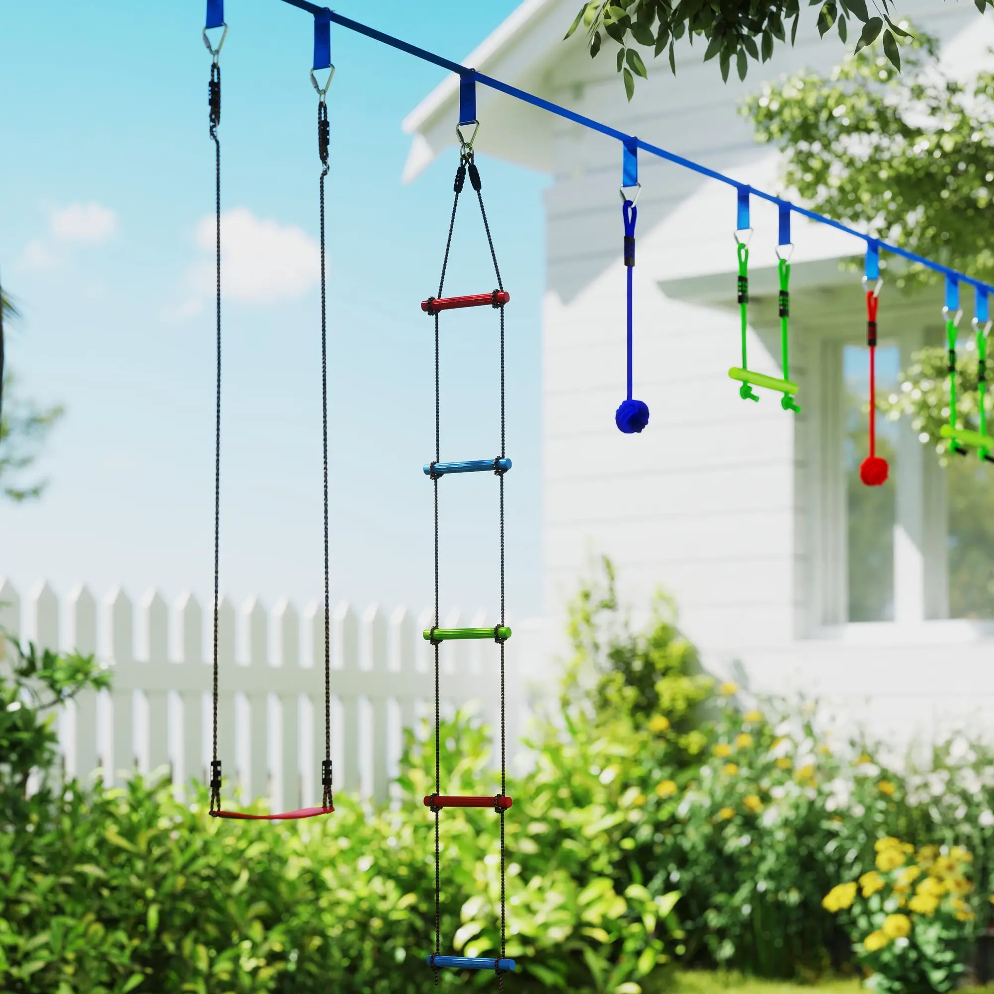 32.8' Kids Ninja Warrior Course, Swing, Monkey Bars, Ladder, Gym Rings, Blue Gym Sets & Swings at Gallery Canada