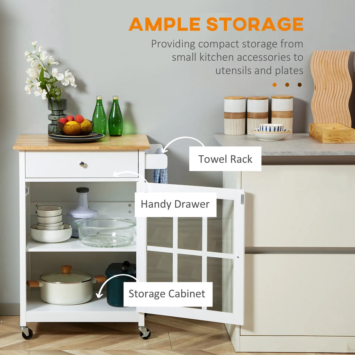 Rolling Kitchen Cart, Drawer Glass Door Cabinet, Island on Wheels, White Kitchen Islands & Kitchen Carts at Gallery Canada