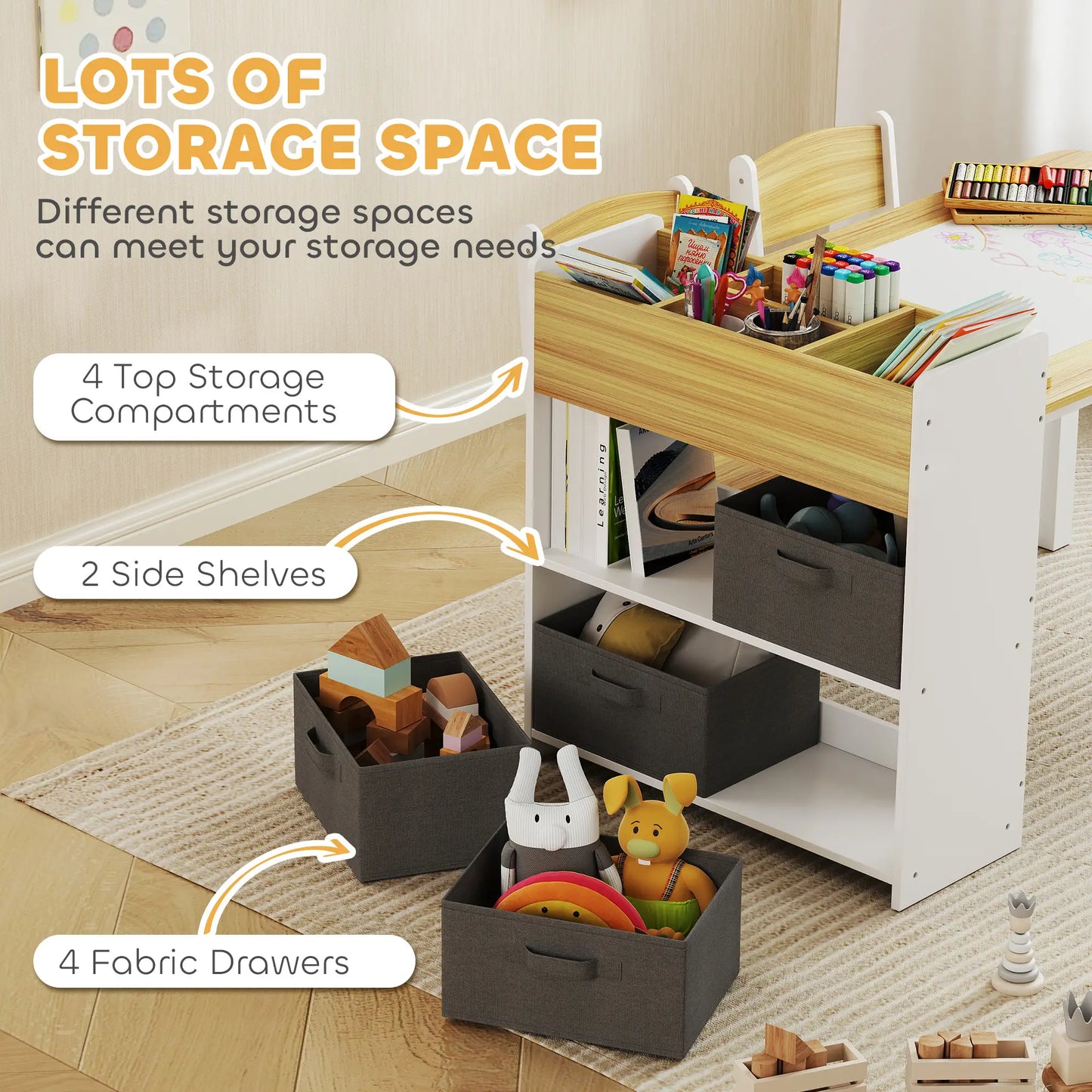 Kids Table and Chairs Set, Toddler Art Table with Paper Roll, Storage, Natural Wood Kids Table Sets at Gallery Canada