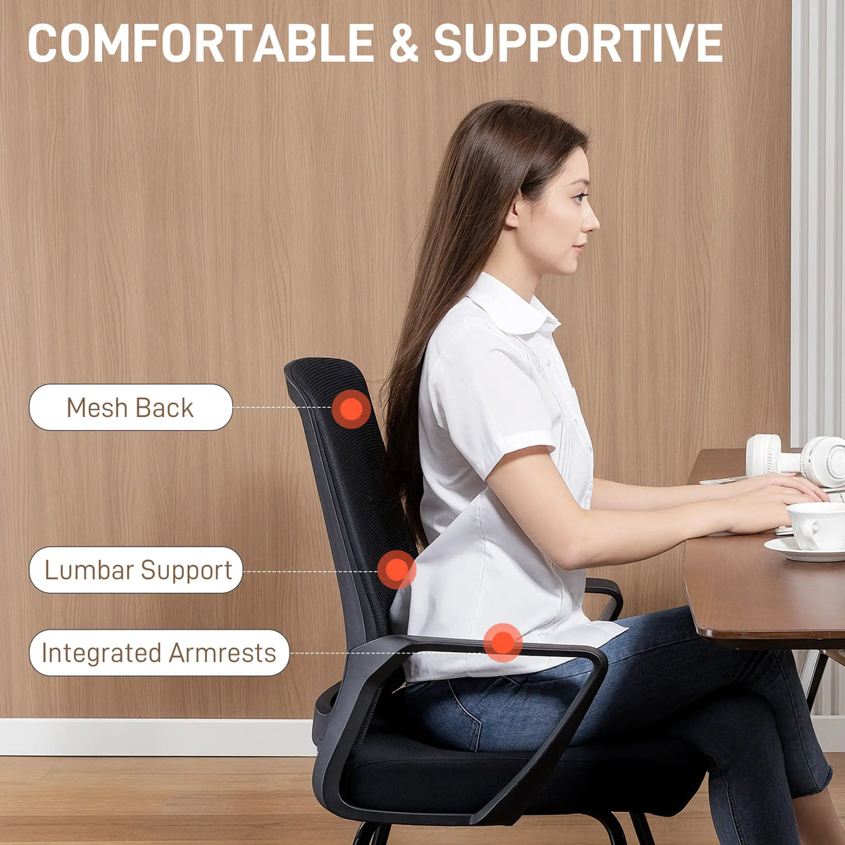 Waiting Room Chair, Desk Chair No Wheels, Mesh Back, Lumbar Support, Metal Base Task Chairs at Gallery Canada