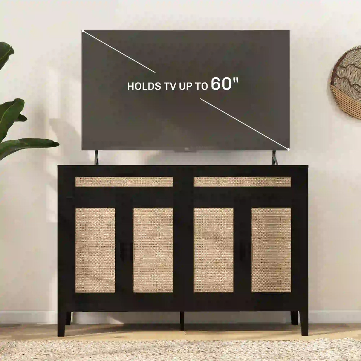 Boho Kitchen Sideboard Cabinet, Rattan Doors, Dining Room, Black Storage Cabinets at Gallery Canada