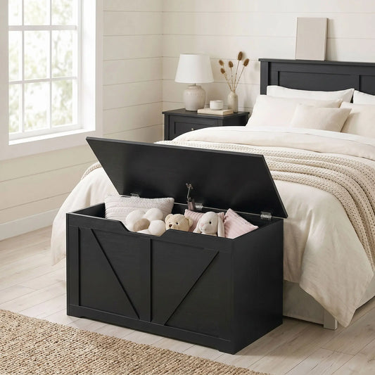 31.5 Inch Storage Chest Trunk with Safety Hinge, Black Wood Grain, Black Storage Ottomans & Benches Black Wood Grain at Gallery Canada