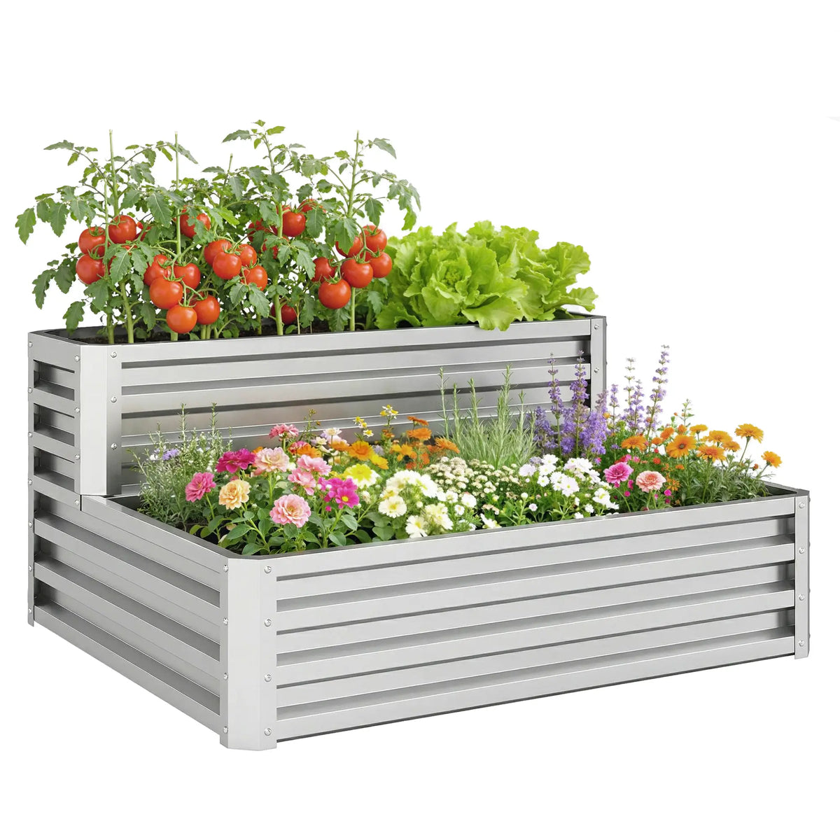 2 Tier Galvanized Raised Garden Bed, Steel Planter Box, 47" x 40" x 23", Silver Galvanized Planter Boxes at Gallery Canada