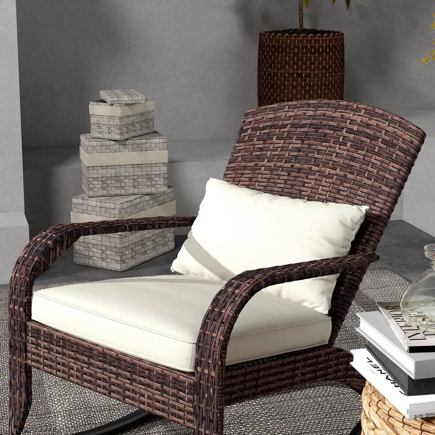 Outdoor Wicker Rocking Chair, High Back, Seat Cushion, Cream/Brown Outdoor Rocking Chairs at Gallery Canada