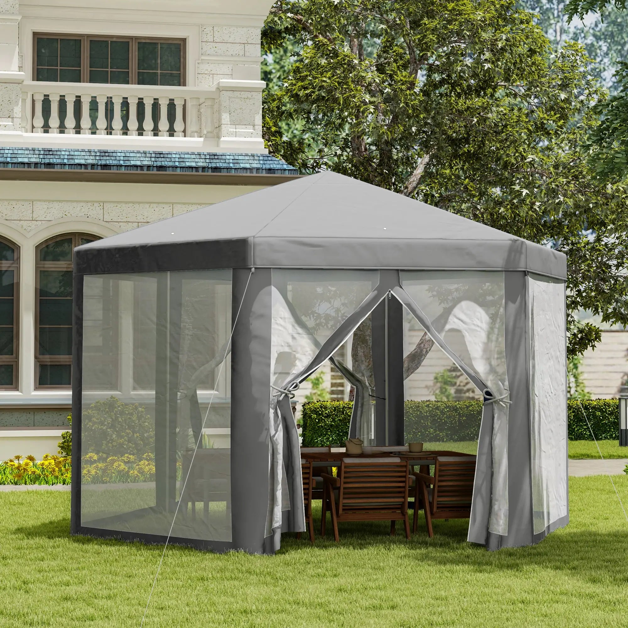 Hexagon Party Tent, Patio Gazebo with Netting, Dark Grey Canopy Tents at Gallery Canada