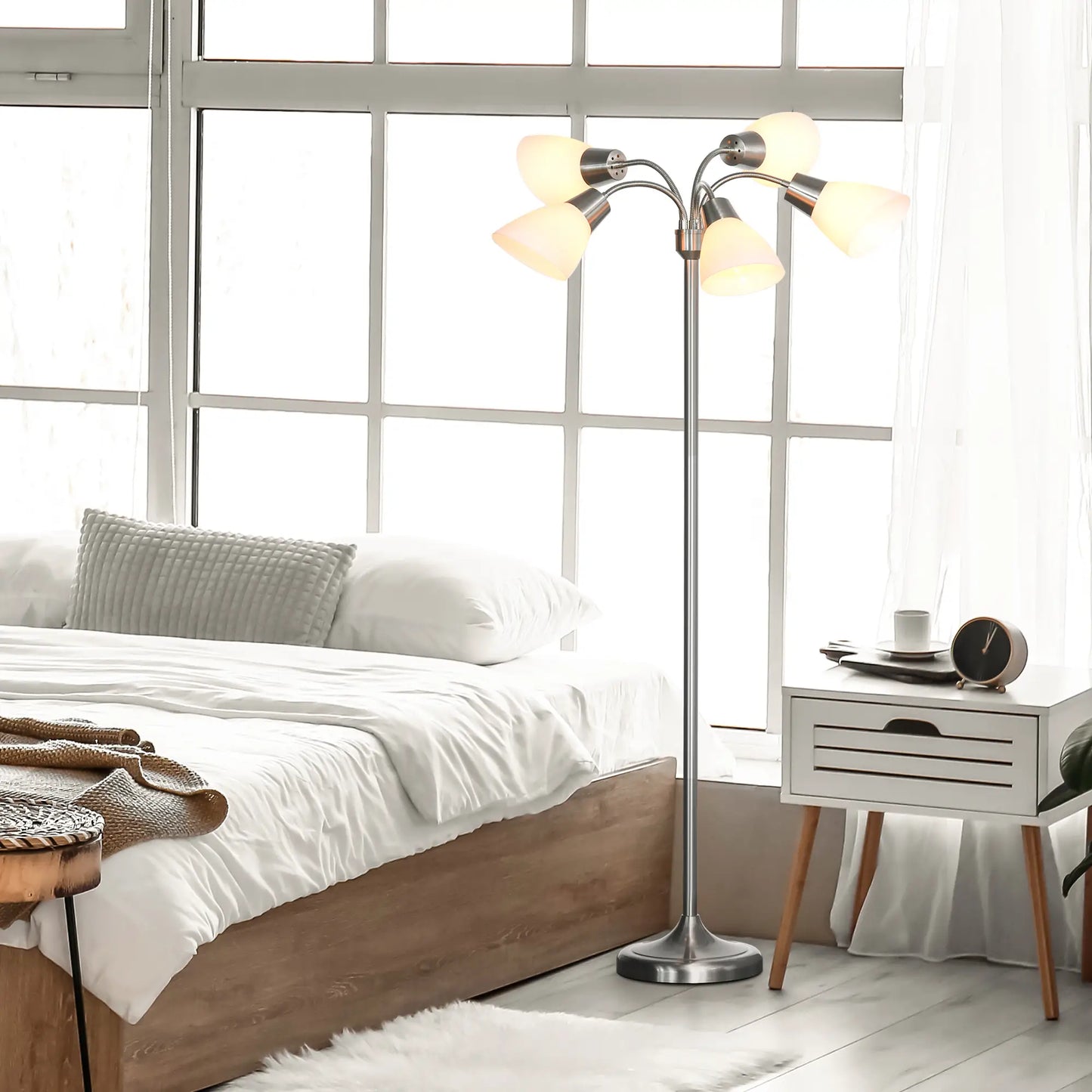 Arc Tree Floor Lamp with 5 Adjustable Rotating Lights, Modern Standing Gooseneck Reading Light for Living Room Bedroom Office, Satin Nickel Floor Lamps & Ceiling Fan Lights at Gallery Canada
