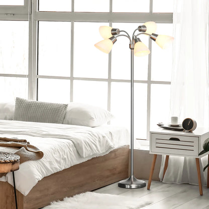Arc Tree Floor Lamp with 5 Adjustable Rotating Lights, Modern Standing Gooseneck Reading Light for Living Room Bedroom Office, Satin Nickel Floor Lamps & Ceiling Fan Lights at Gallery Canada
