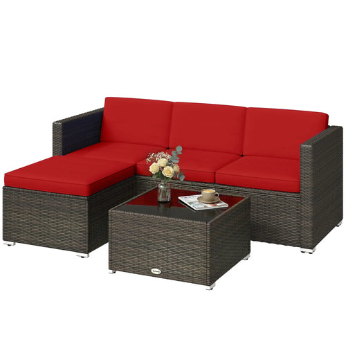 3-Piece Patio Furniture Set, Outdoor PE Rattan Wicker Sofa, Glass Top Table