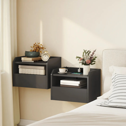 Wall Mounted Bedside Table, Set of 2 with Charging Station, Black Bedside Tables Black at Gallery Canada
