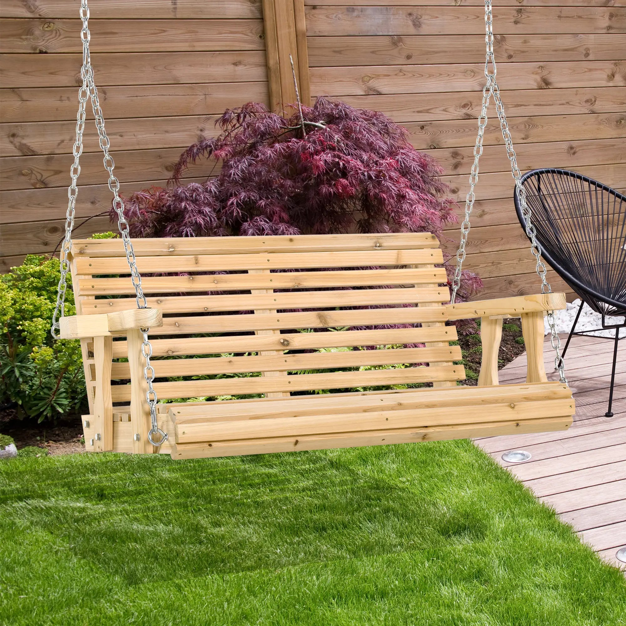 2 Seater Wooden Porch Swing, Patio Chair with Cup Holder, Chains, Natural Hanging Porch Swings at Gallery Canada