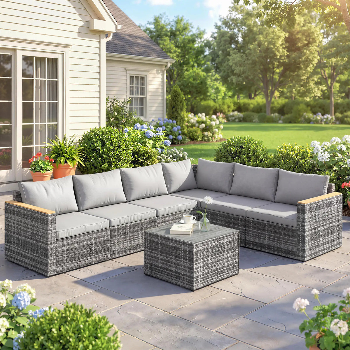 L-Shaped Wicker Patio Furniture Set, 7 Piece, Light Grey Patio Furniture Sets at Gallery Canada