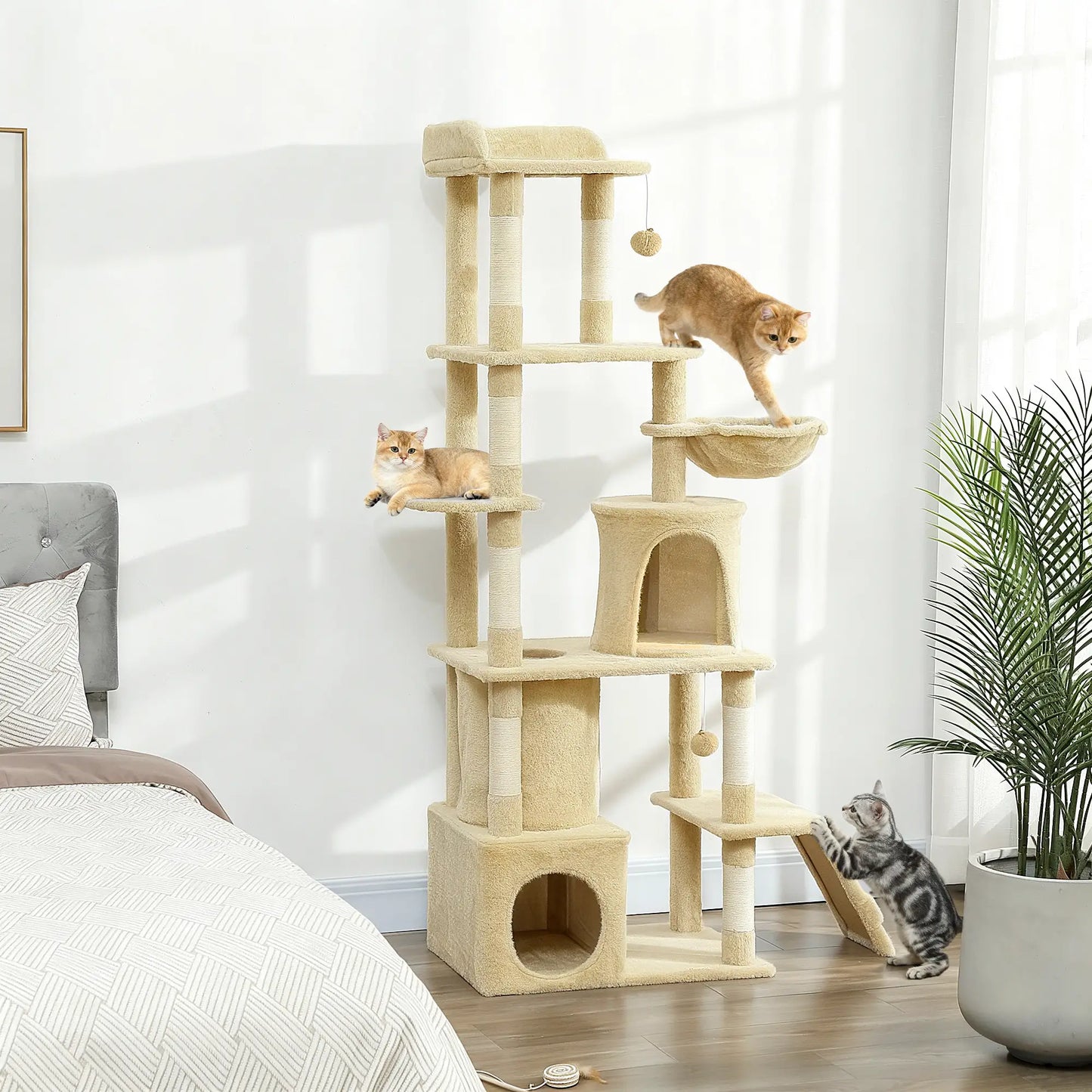 67" Large Cat Tree with 7 Scratching Posts, Tunnel, 2 Condos, Hammock, Perch, Ramp, Pompoms, Beige Multi-Level Cat Towers at Gallery Canada