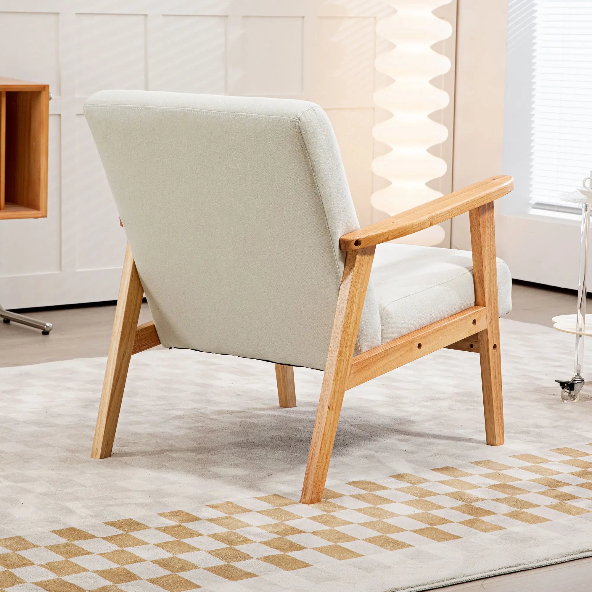 Mid-Century Modern Accent Chair Retro Fabric Armchair Wooden Arm Upholstered Lounge Chair for Living Room Cream White Accent Chairs at Gallery Canada